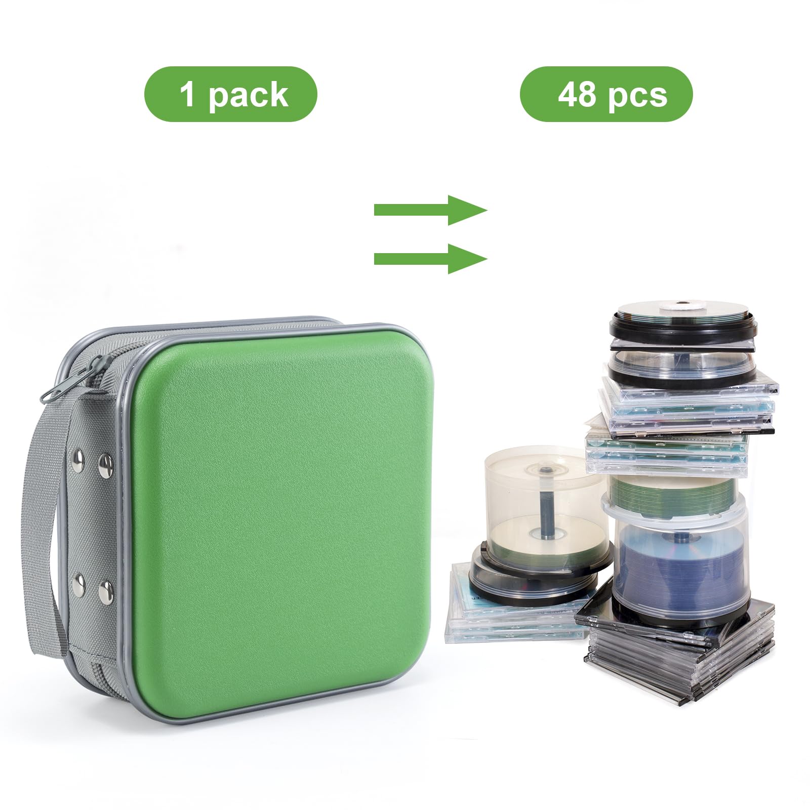 Uentip Cd Case For Car,48 Capacity Dvd Case Portable Zipper Cd Case Holder Large Storage Cd Wallet Cd Organizer Home Travel (Gre