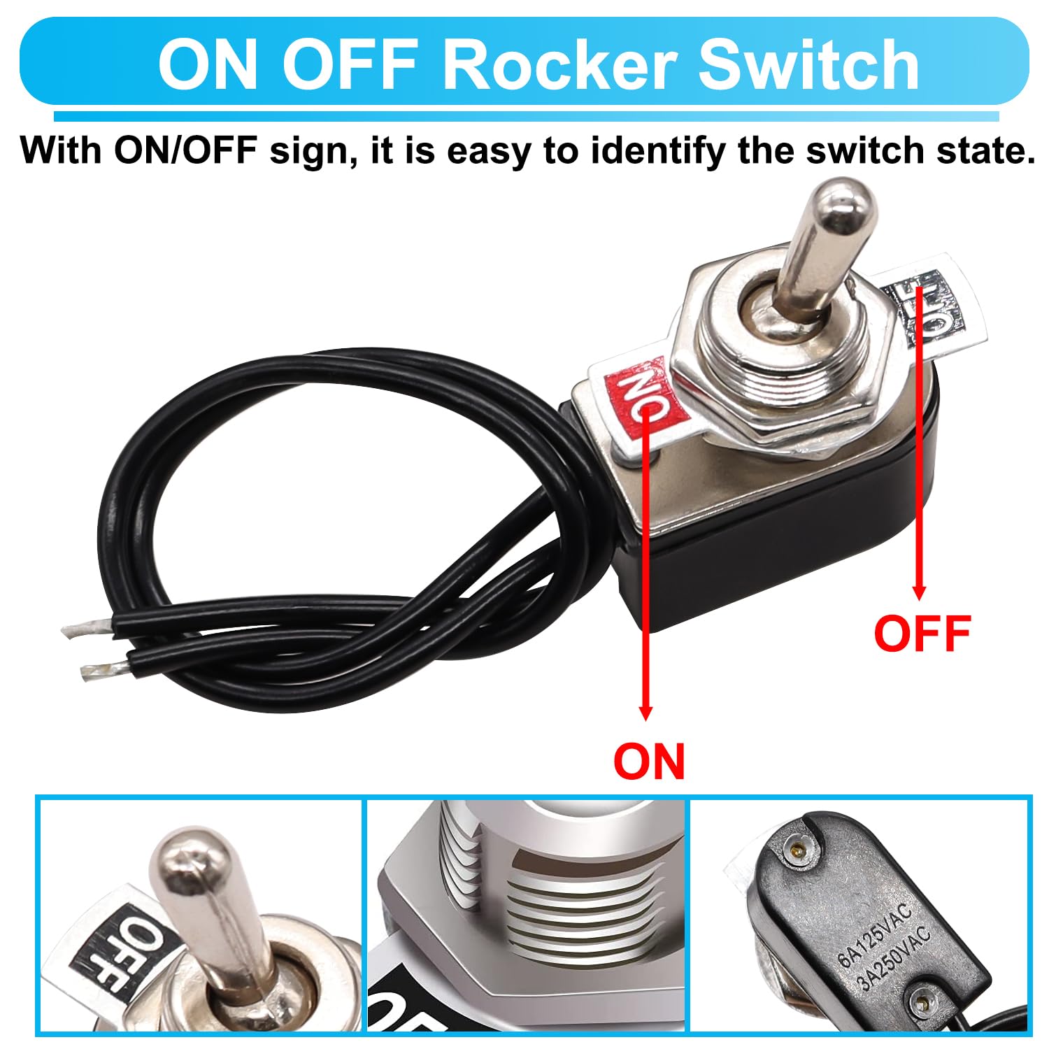 Twtade Mini Toggle Rocker Switch 2 Pin On/Off Latching Ac 6A/125V 3A/250V Spst Heavy Duty With 5''Leads Kns-1