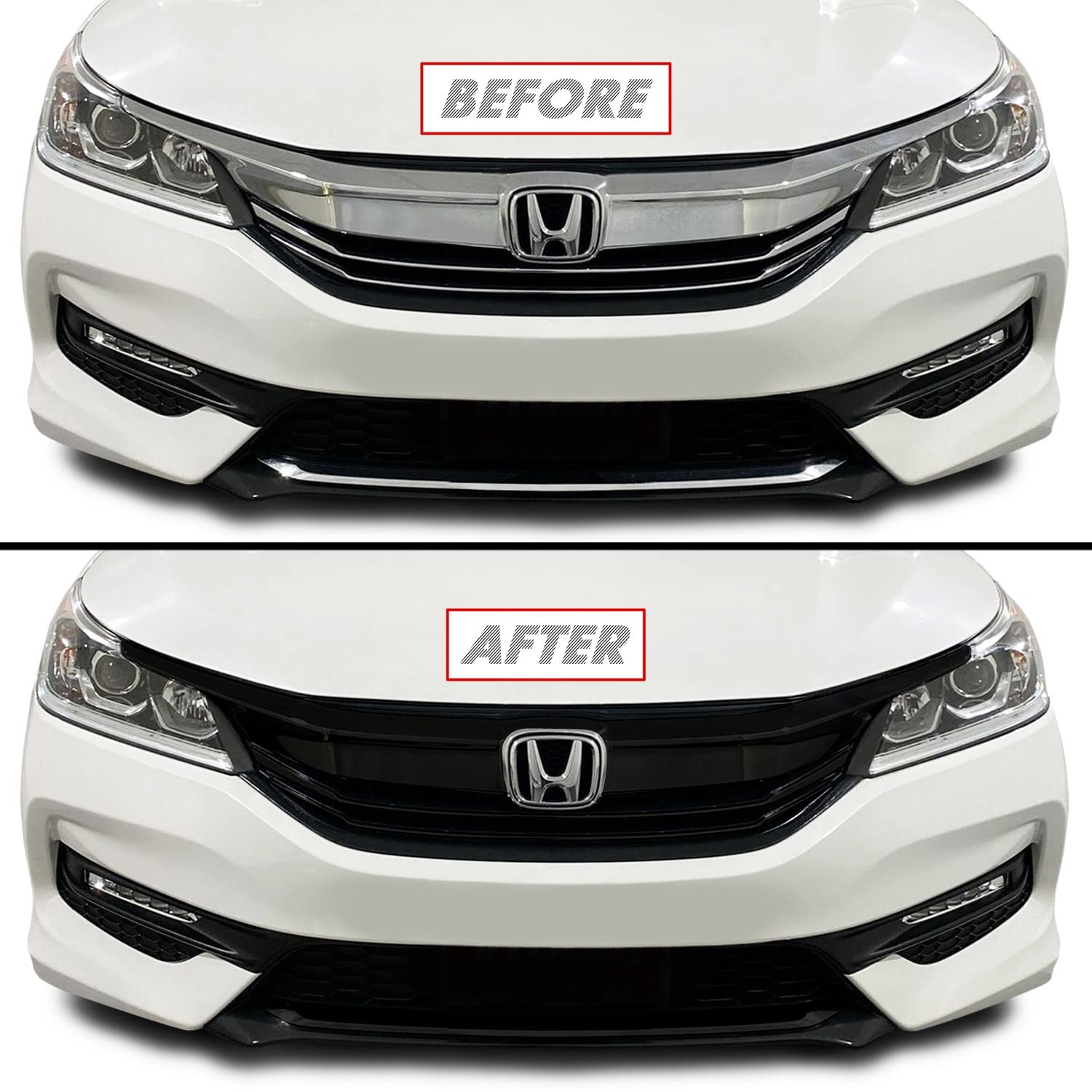 Slickmod Chrome Delete Blackout Vinyl Overlay For 2016-2017 Honda Accord Sedan Front Grill Trim (Full Kit, Gloss Black)