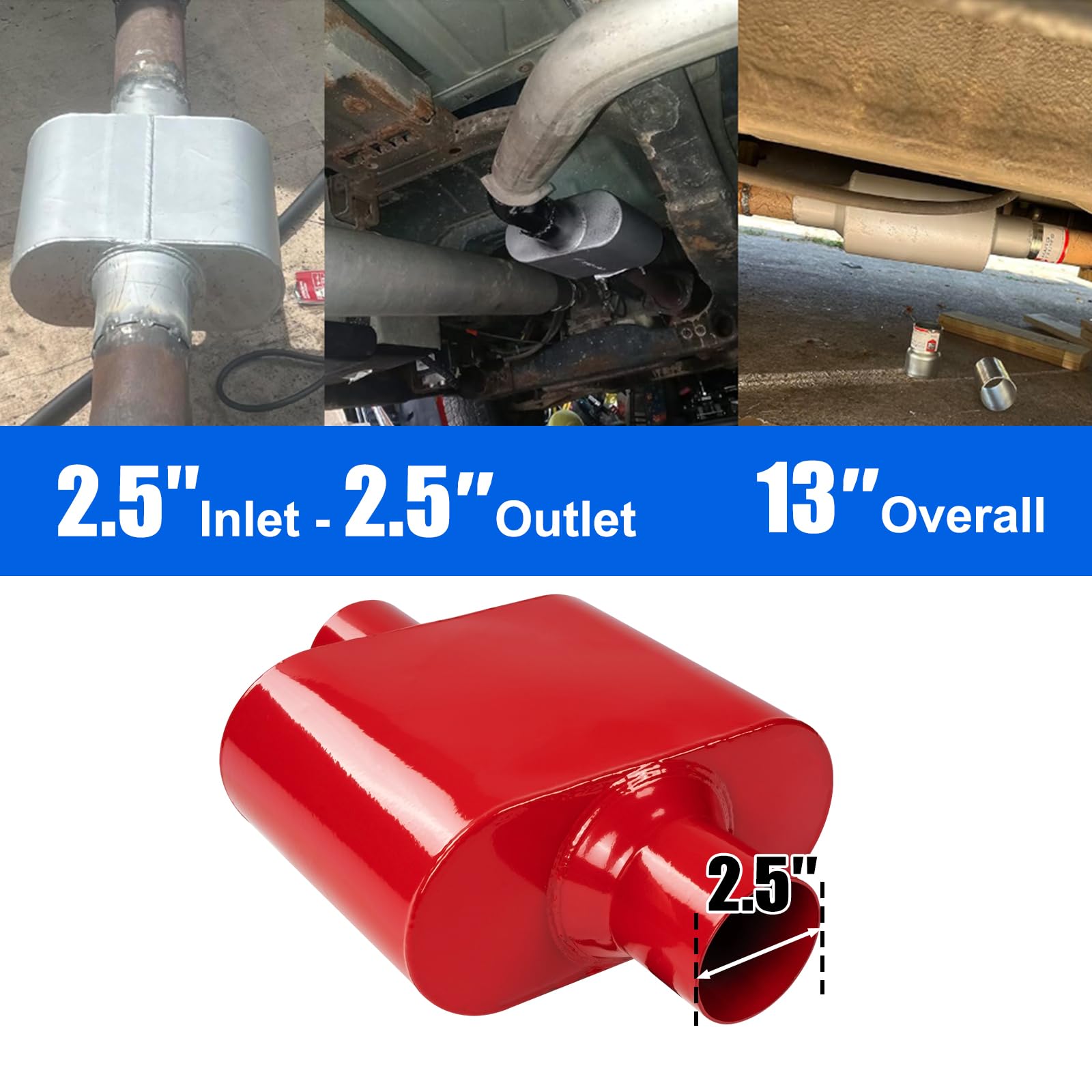 Floshine Universal Mufflers,Performance Automotive Exhaust Muffler,Single Chamber 2.5 Inch Inlet (Id) 2.5 Inch Outlet (Id) Red F