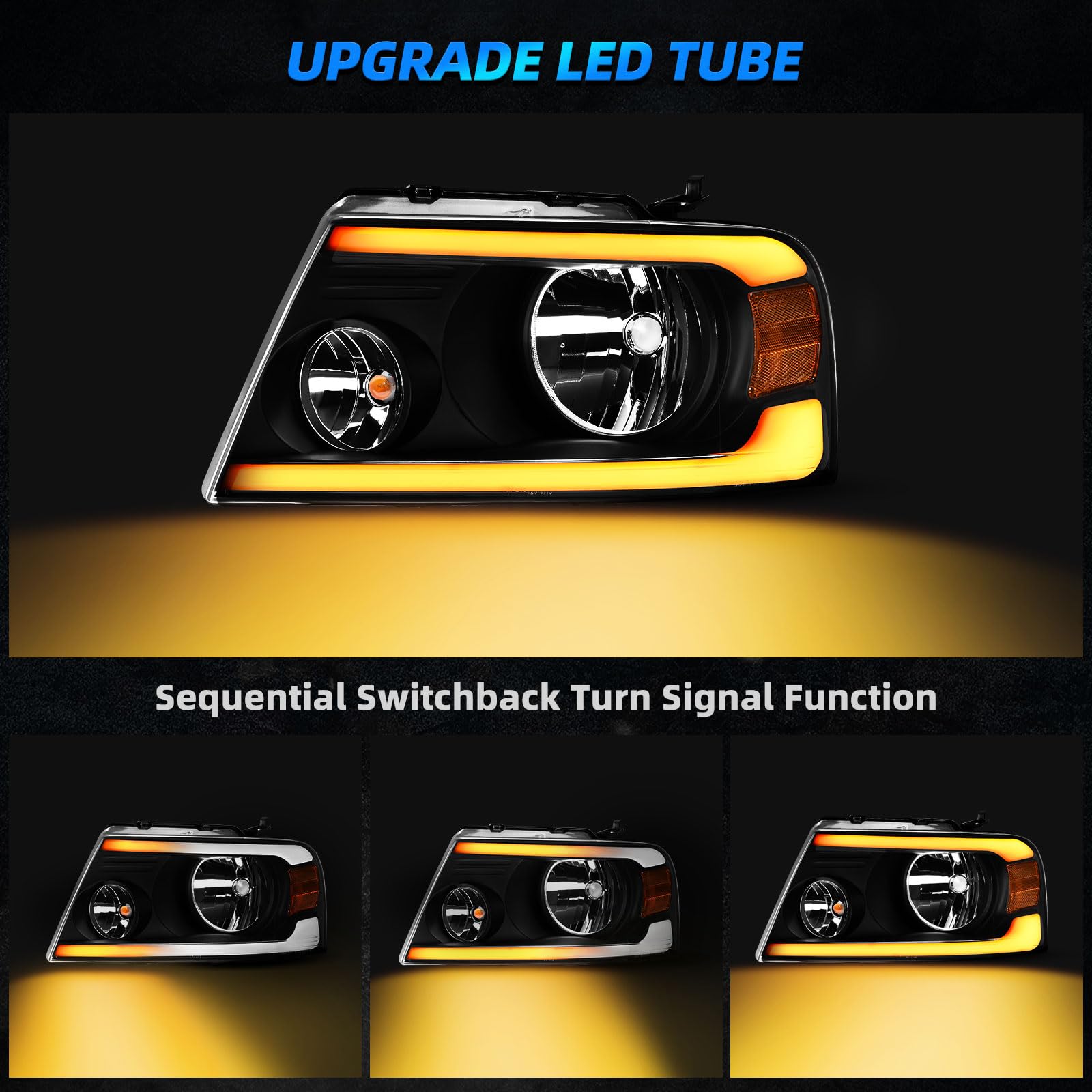 Autosaver88 Switchback Led Tube Headlights Assembly Compatible With 2004 2005 2006 2007 2008 Ford F150 F-150 Drl Headlamp Replac