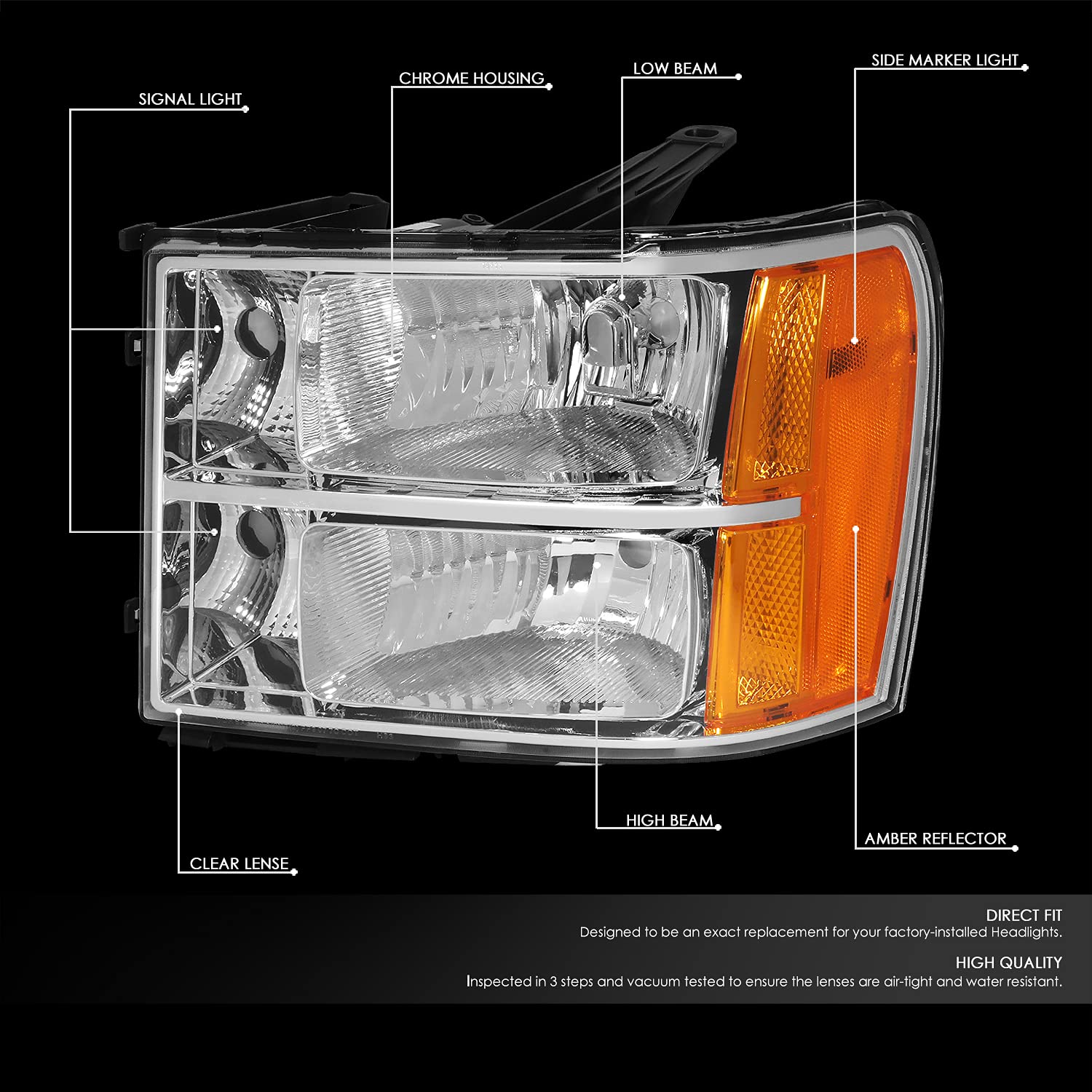 Dna Motoring Pair Headlight Assembly Compatible With 07-13 Gmc Sierra 1500/07-14 Sierra 2500 Hd 3500 Hd, Chrome/Amber, Hl-Oh-Gmc