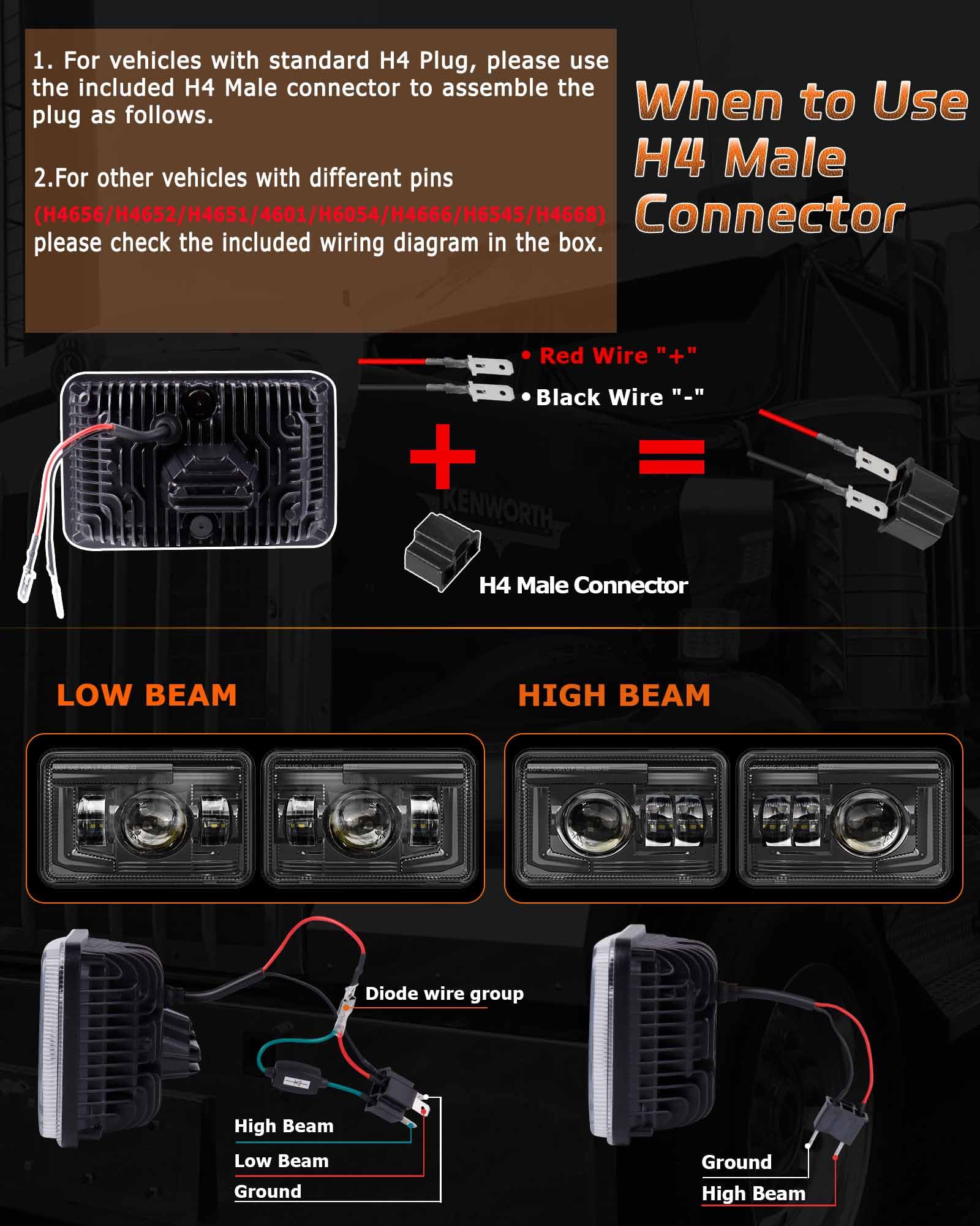 Z-Offroad Dot Approved 4X6 Led Headlights Assembly Hi/Lo Sealed Beam Compatible With Kenworth T800 T600 Peterbilt 379 Freightliner Chevy Oldsmobile Cutlass H4651 H4652 H4656 H6545 H4666, 4Pcs-Black