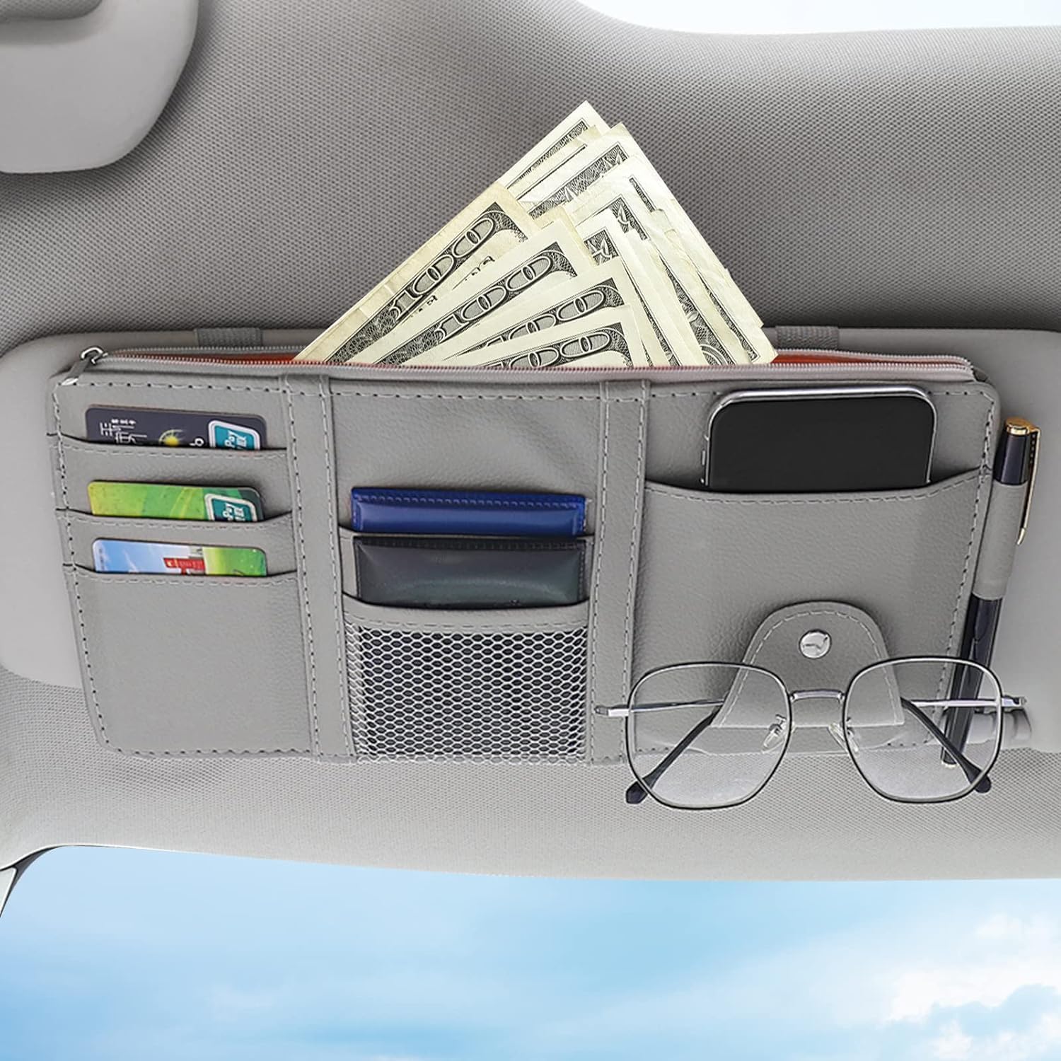 FLIPXEN PU Leather MultiFunction Car Space Sun Visor Organizer Hanging Phone Storage Pouch Holder, Car Accessories Organizer, S