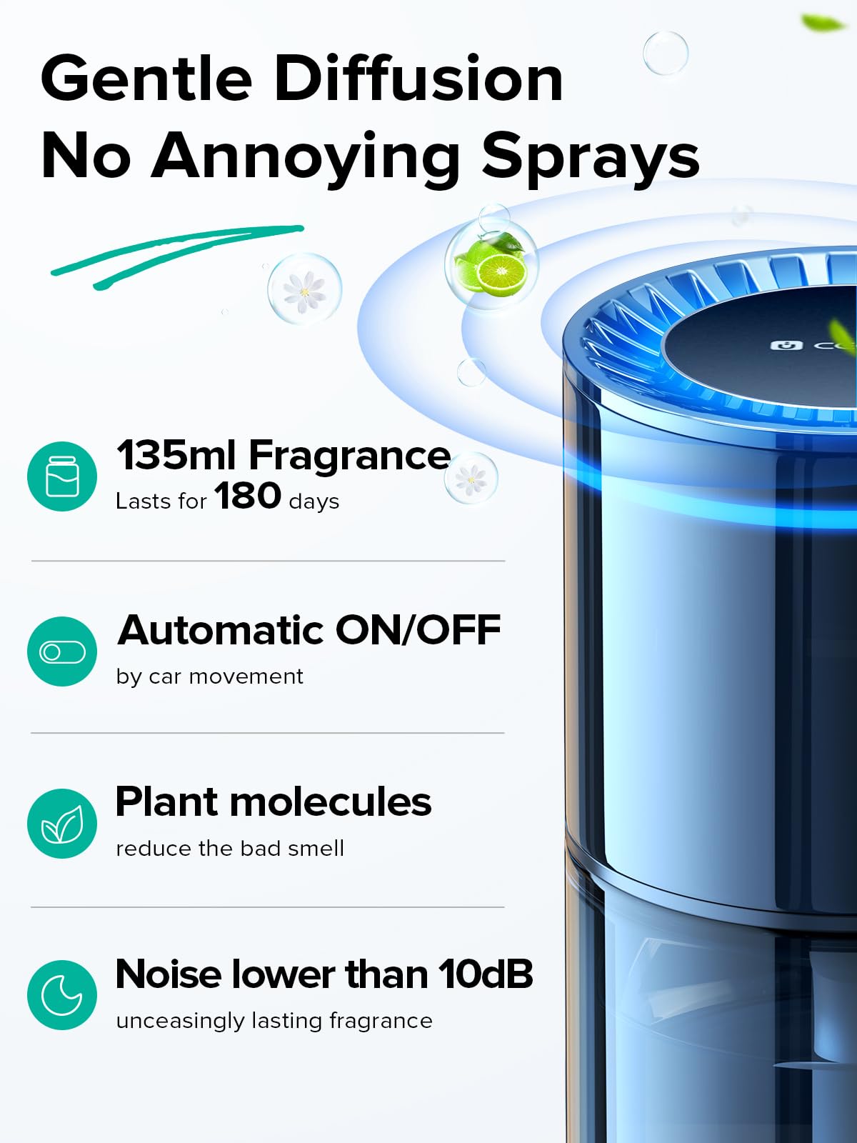 Ceeniu New Smart Car Air Freshener, 135Ml Last 6 Months, Auto On/Off Car Freshener Long Lasting, Multi-Mode Adjustable, Ambiance