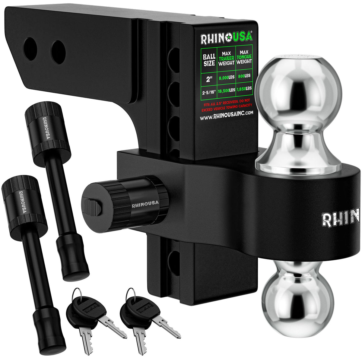 Rhino Usa Adjustable Trailer Hitch (2-Inch Receiver) - Heavy Duty Aluminum Tow Hitches With 8-Inch Drop/Rise For Truck (12,500 L