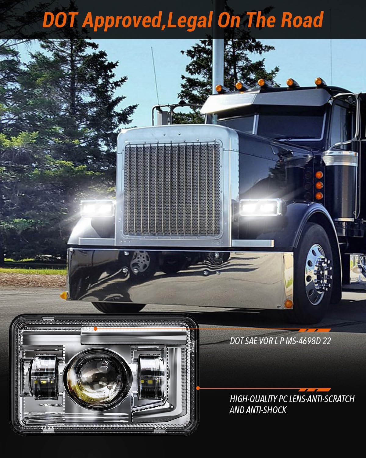 Bicyaco 4 Pcs Dot 120W 4X6 Inch Led Headlights Rectangular Replacement H4651 H4652 H4656 H4666 H6545 Compatible With Peterbilt K