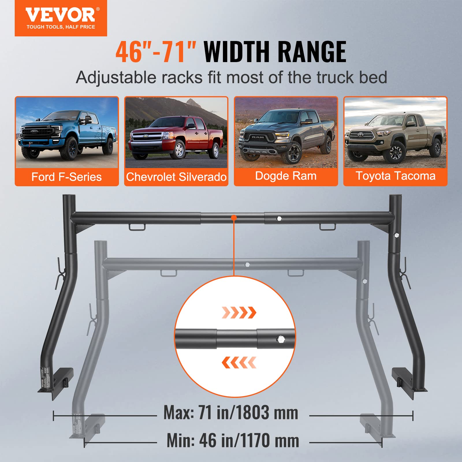 Vevor Extendable Steel Truck Ladder Rack - 800 Lbs Capacity, 46-71 Inch, Non-Drilling For Kayak, Surfboard, Lumber, Ladder