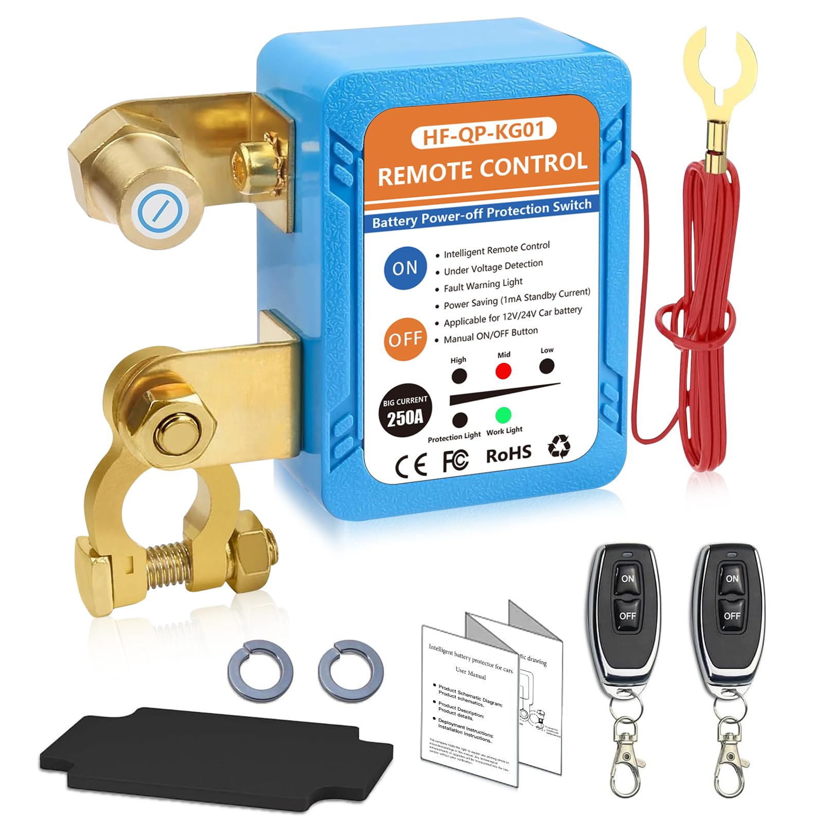 250A Kill Switch for Car, 12V/24V Remote Battery Disconnect Switch Automatic Power Shut/Cut Off Protection Smart Voltage Protect