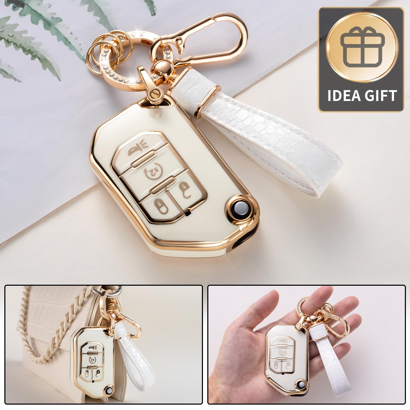 Cacarlike For Jeep Key Fob Cover With Jeep Keychain, Car Key Fob Case Compatible With 2018 2019 2020 2021 2022 Jeep Wrangler Gla