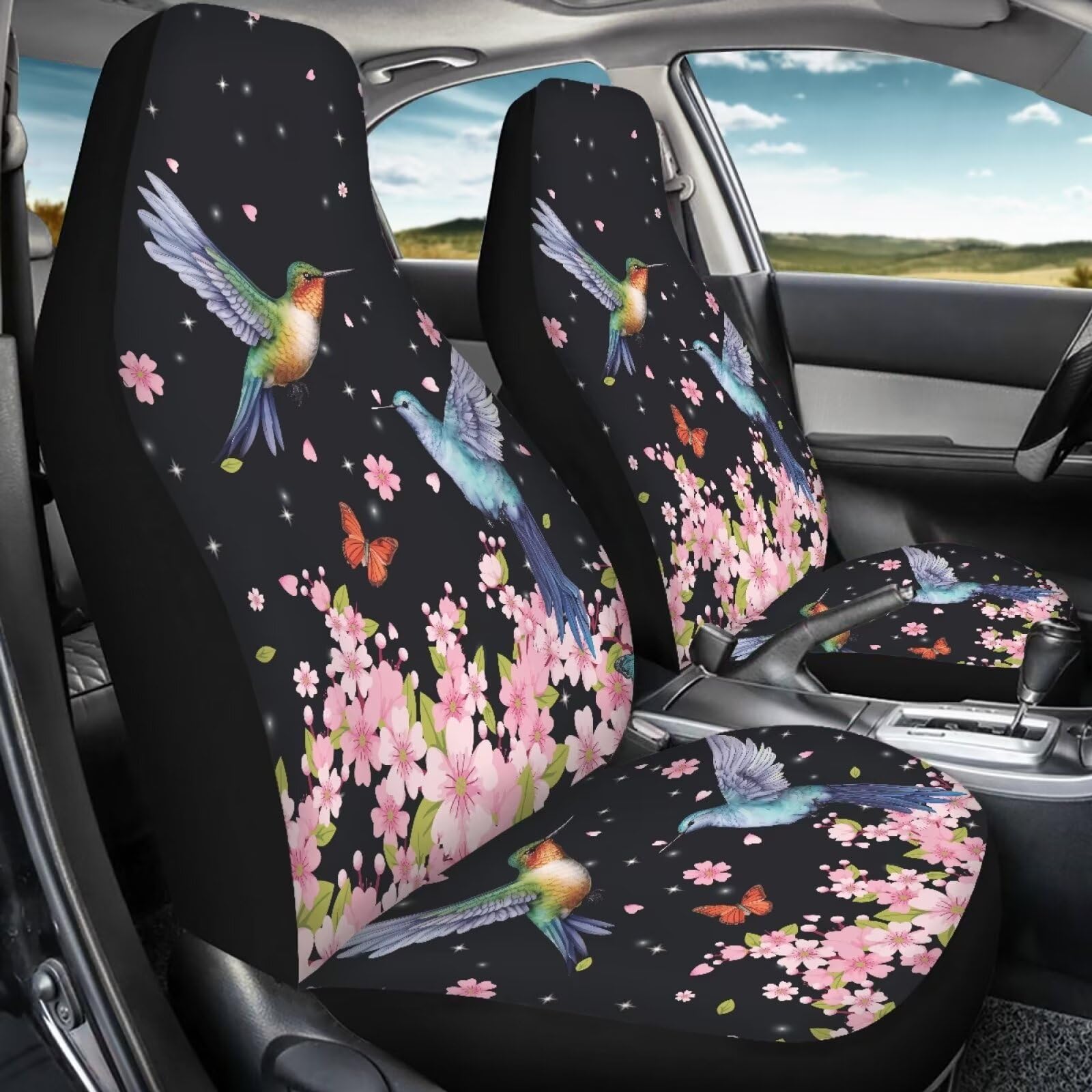 Bigcarjob Flower Hummingbird Car Seat Cover Set For Front Seat Only,2 Pack Cherry Flower Birds Printed Auto Front Seat Protector