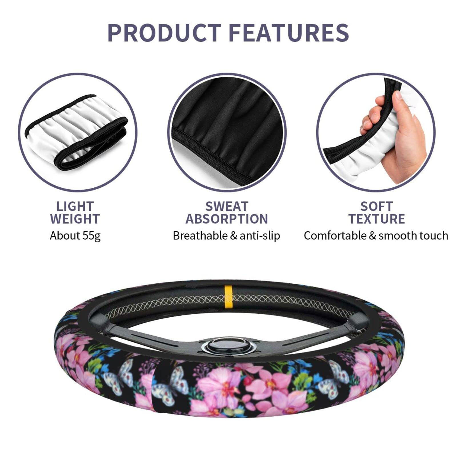 Beautiful Butterfly Steering Wheel Cover for Women Men with 2 Pcs Car Coasters, Universal 14.5-15 Inch Flowers Steering Wheel Co