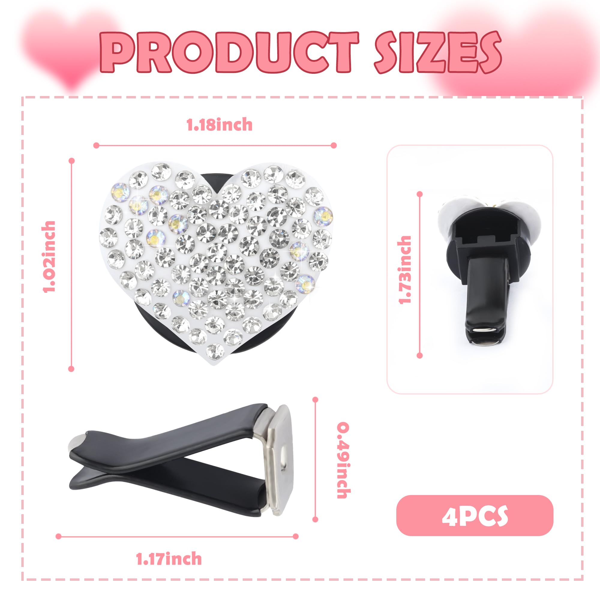 4Pcs Heart-Shaped Car Vent Clips With Rhinestone,Bling Air Vent Clips Car Decorations,Premium Shiny Car Clips For Vents Car Acce