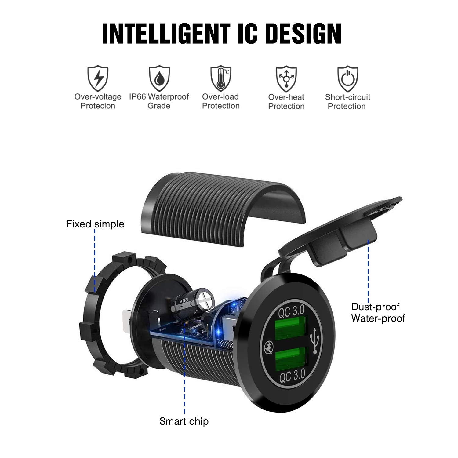 Nilight - 90103A Dual Usb Port Qc 3.0 Fast Charging Hubs Usb Charger Socket Power Outlet 2.1A & 2.1A X2 For Car Boat Marine Rv M