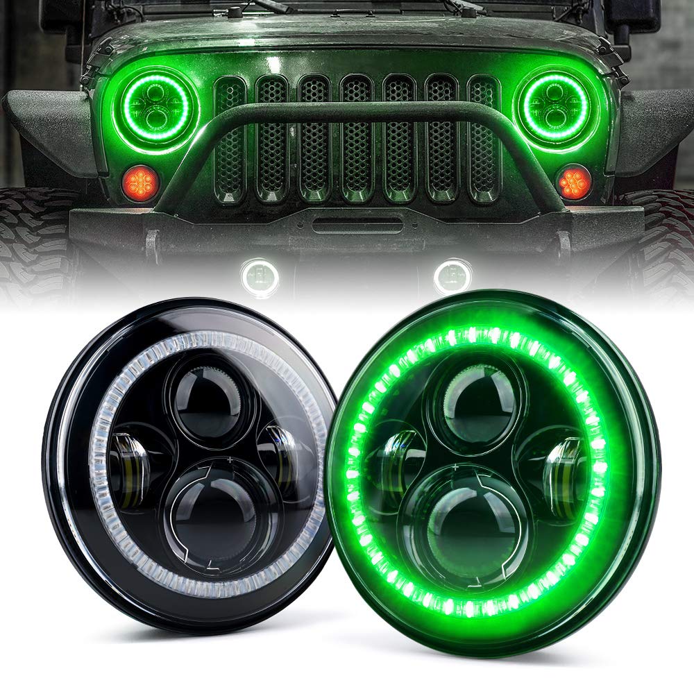 Xprite 7 Inch 90W Led Headlights With Green Halo Compatible With 1997-2018 Jeep Wrangler Jk Tj Lj (Dot Approved), Led Chip, 9600
