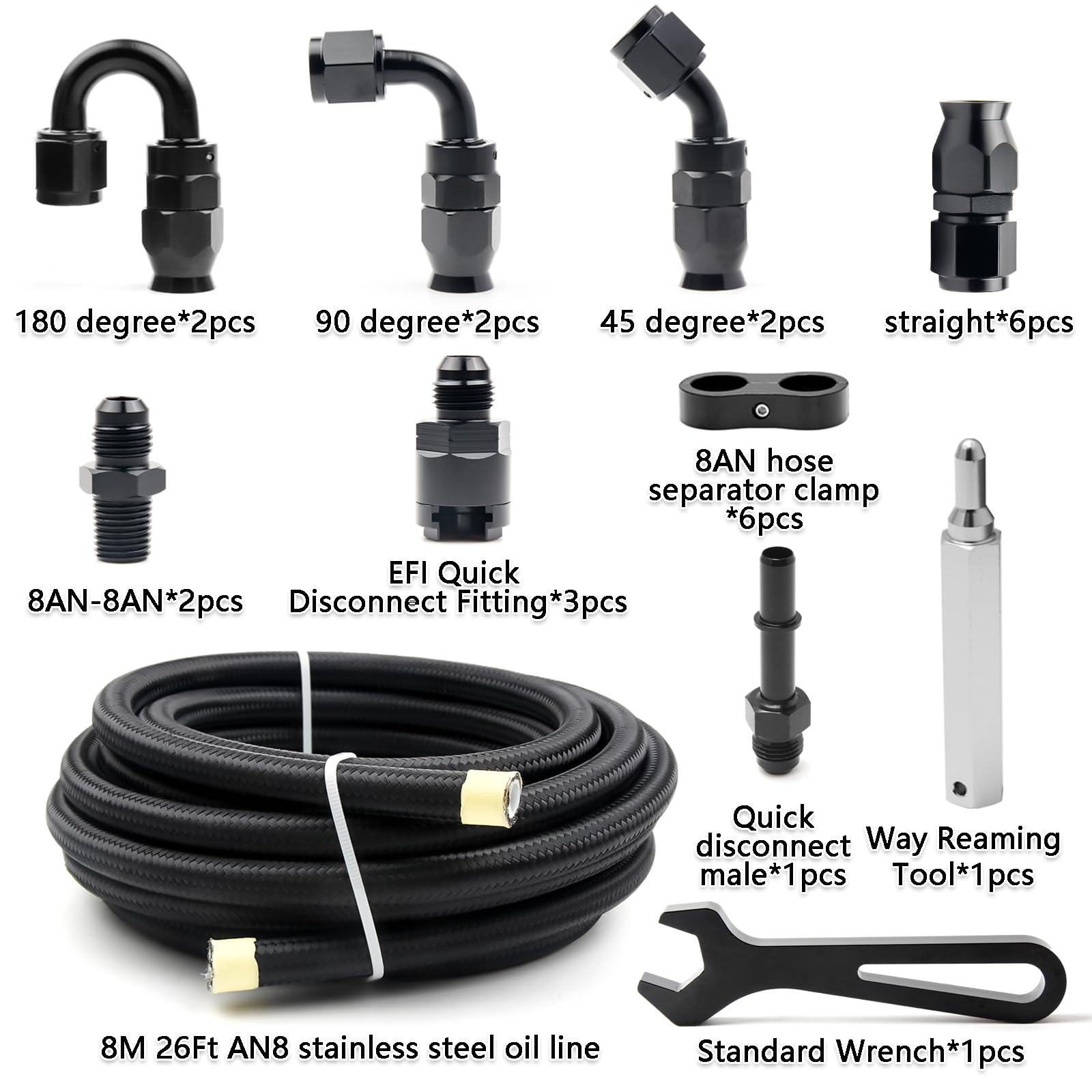 Medoon 8AN PTFE Fuel Line Kit, 13/32'' Nylon Stainless Steel Braided, LS Swap EFI E85 Injection Fuel Hose Fitting AN8 26FT