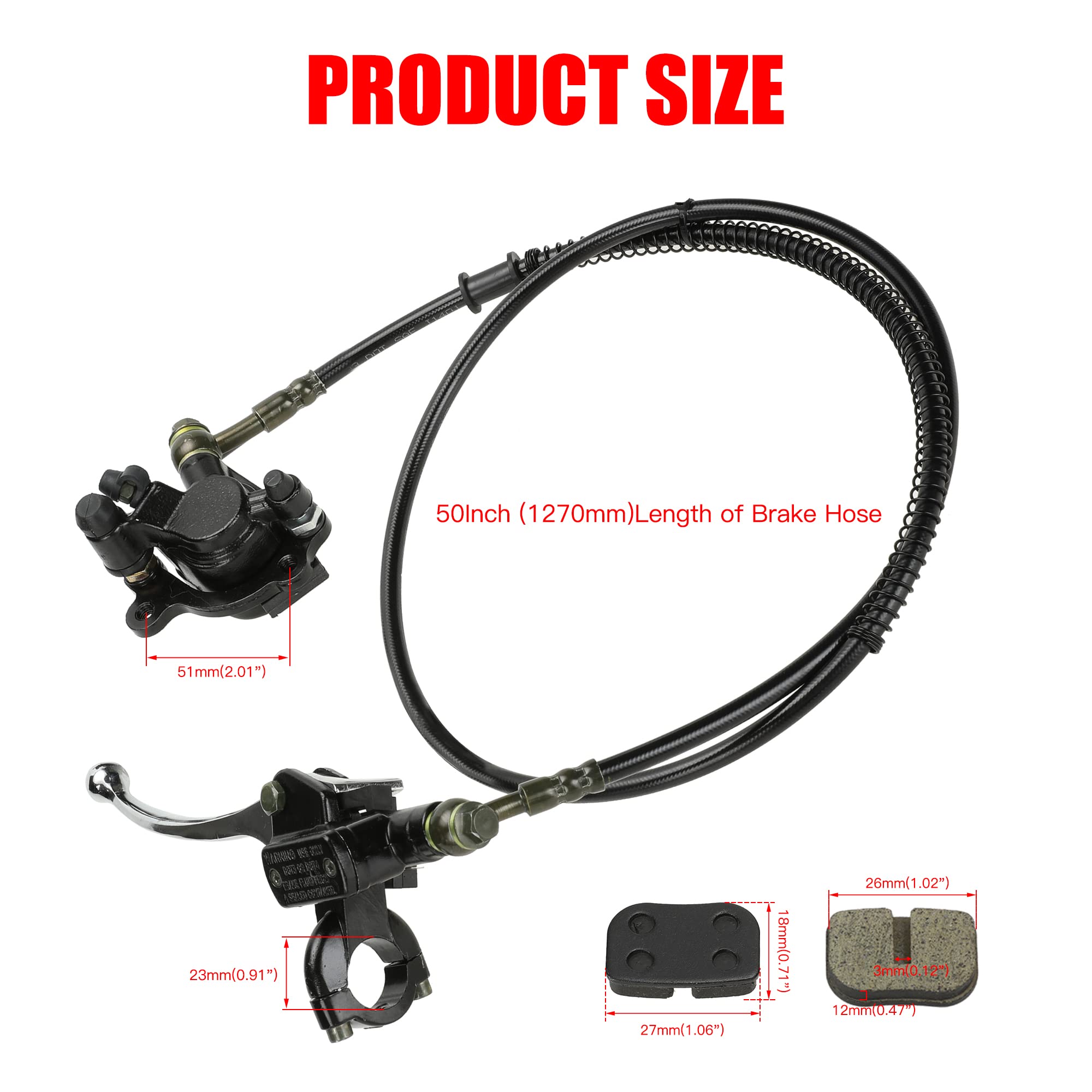GREHUA Upgraded Hydraulic Disc Hand Brake Master Cylinder Caliper with Brake Pad Assembly 50 Inch Hose for 98cc 3.0HP Baja Hensi