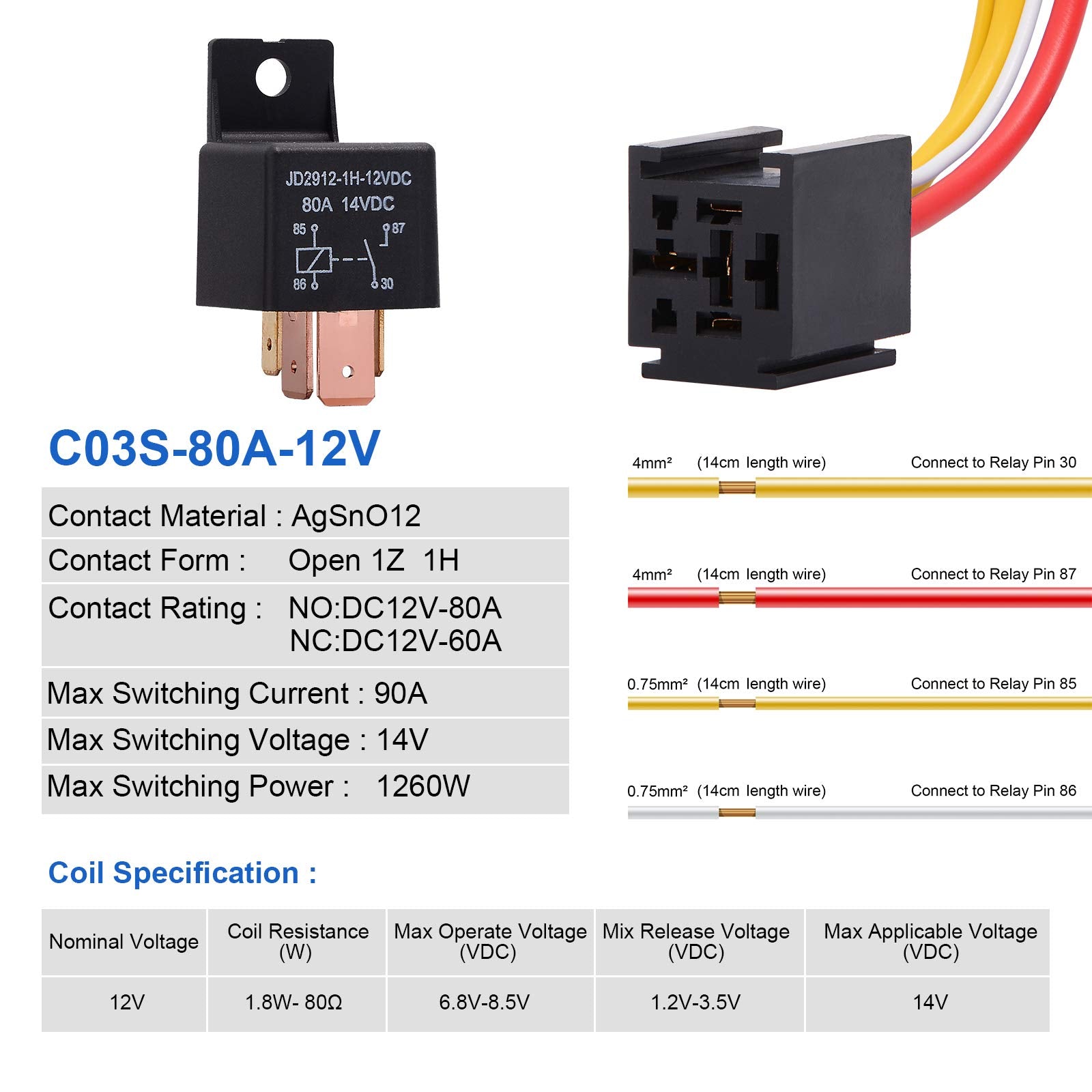 Ehdis 4-Pin Relay With Harness Car Truck Motor Heavy Duty 80A 12V On/Off Normally Open Spst Relay Socket Plug 4 Wire Automotive Relay Model Jd2912-1H-12Vdc 80A 14Vdc,Pack Of 1