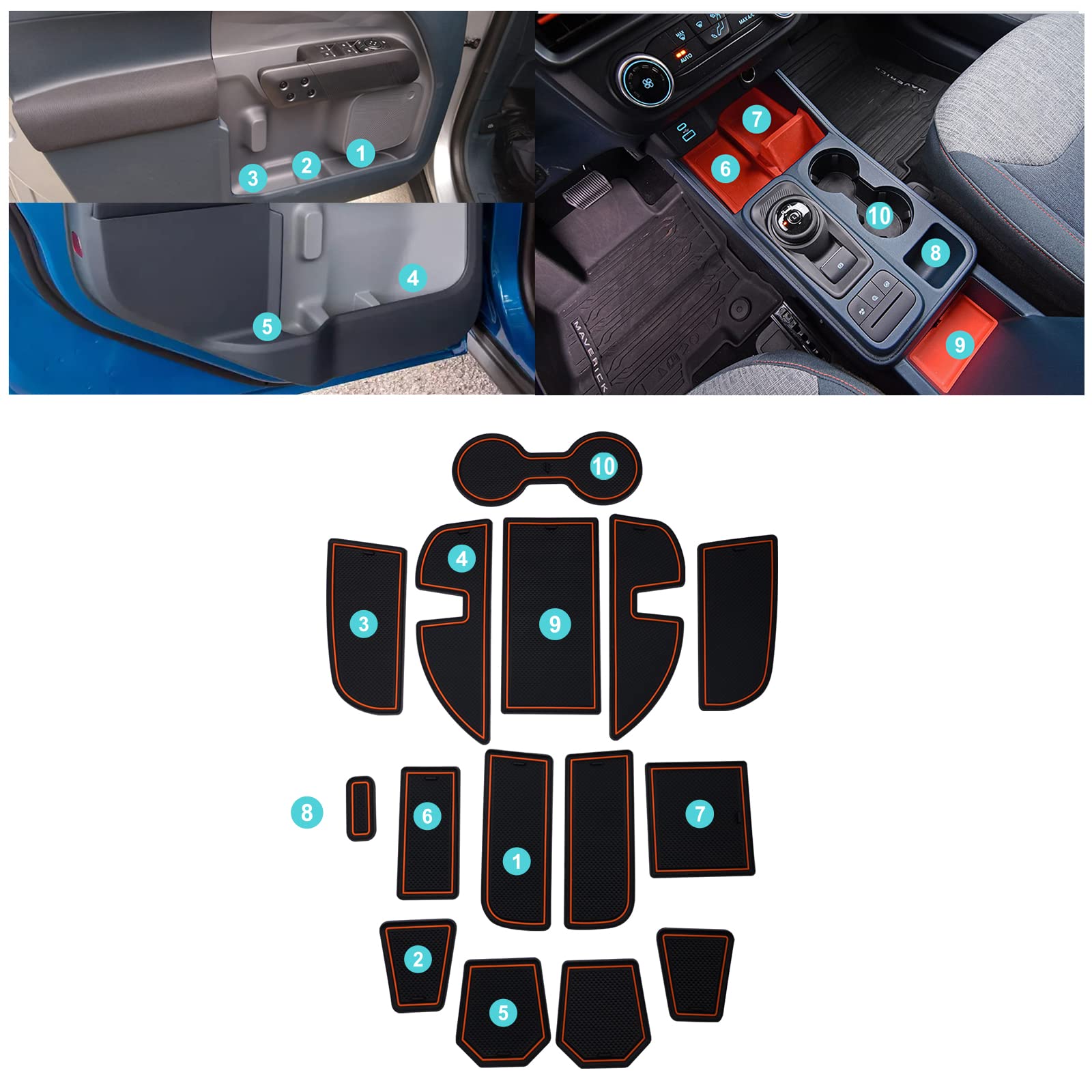 Shaohao For 2023 2024 Ford Maverick Door Slot Mats 2022 2023 2024 Maverick Accessories Cup Holder Console Pocket Liner Pads 2022 2023 2024 Maverick Xl/Xlt/Lariat Pickup Truck Door Mat Cup Liner Mat