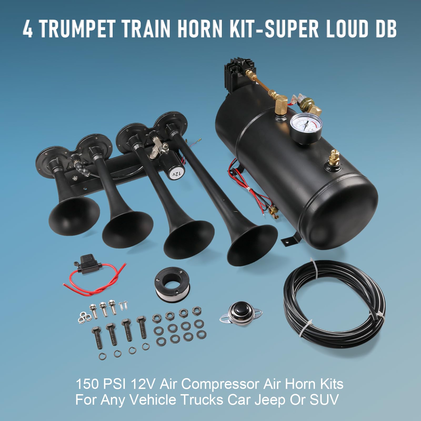4 Trumpet Train Horn Kit for Car Truck Pickup Semi Jeep RV SUV 12v Complete Onboard System 150psi Air Compressor 1 Gallon Air Ta