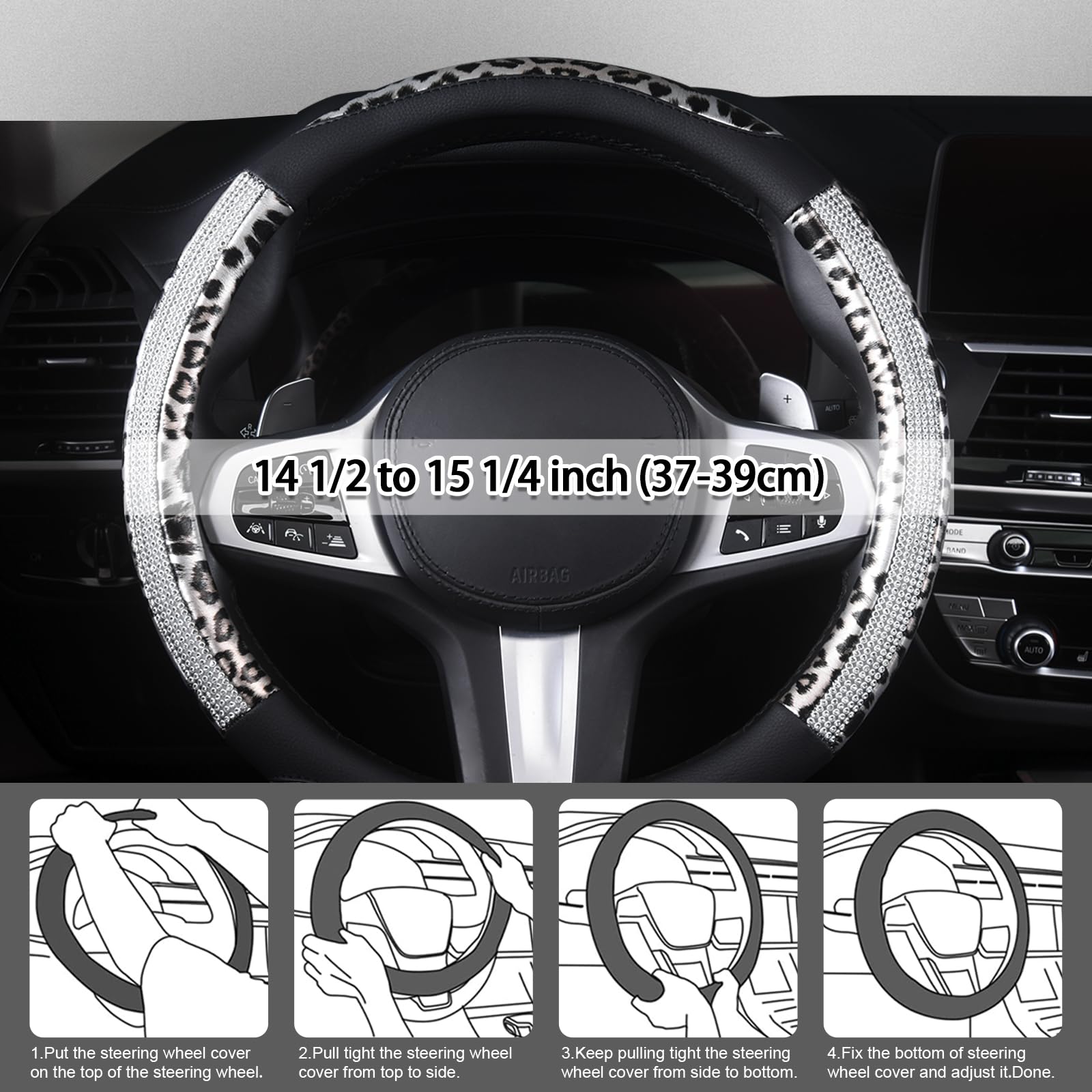 AUTOYOUTH Leopard & Cheetah Print Steering Wheel Cover - Bling Crystal Rhinestones, Leather, Non-Slip, Universal Fit 14.5-15 Inch, Black & Silver