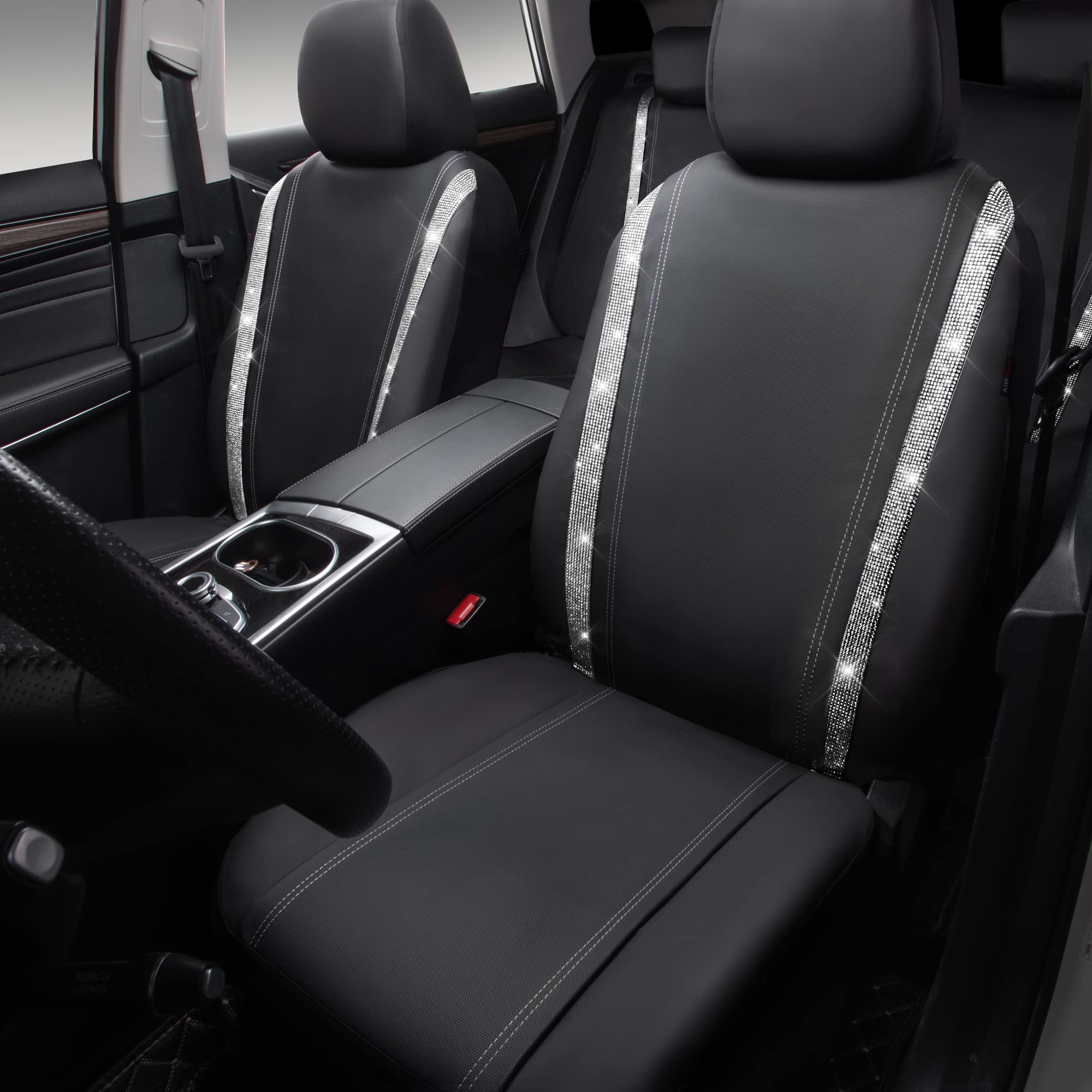 Car Pass Bling Car Seat Covers Full Set, Shining Rhinestone Diamond Waterproof Faux Leather, Rear With Zipper, Universal Fit Automotive Glitter Crystal Sparkle Strips For Cute Women Girl, Silver