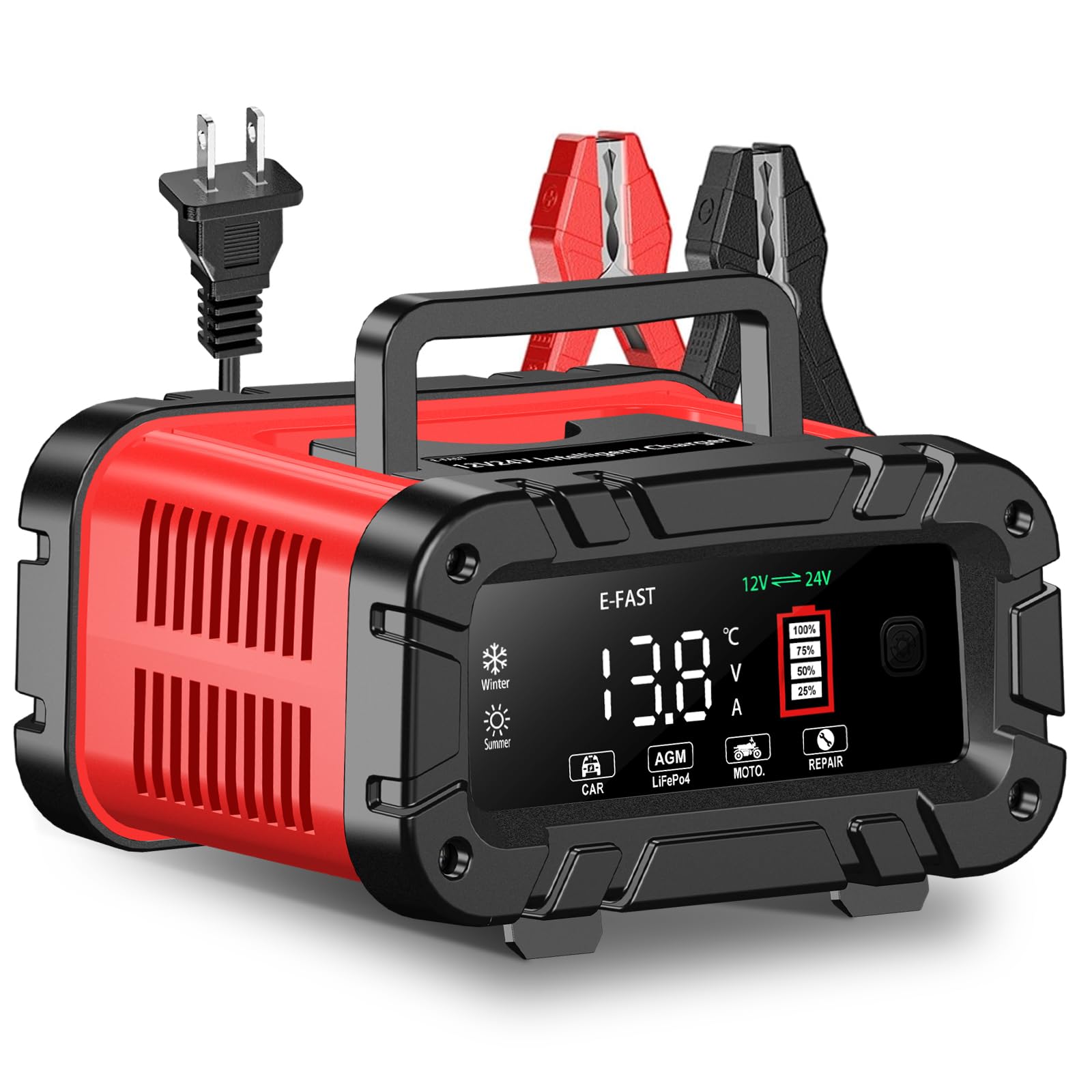 E-FAST Battery Charger 0-20A 12/24V Lifepo4 Lead Acid Automatic Smart Car Battery Charger, Trickle & Pulse Repair, Automobile Ba