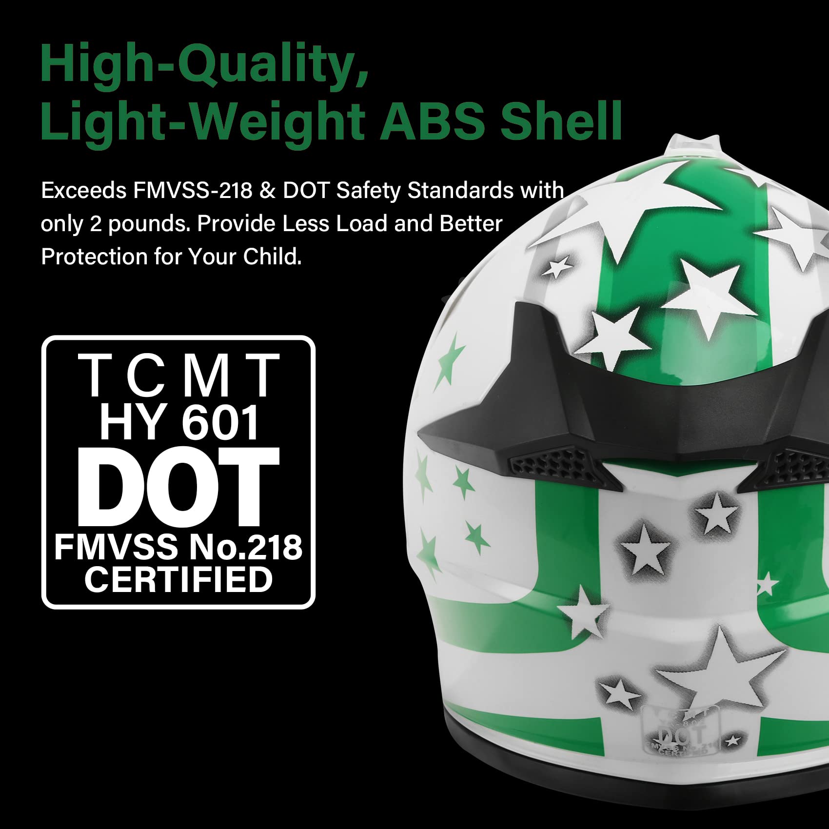 Tct-Motorparts Dot Youth Atv Helmets W/Goggles+Gloves Kids Motocross Offroad Street Dirt Bike Helmet+Gloves+Goggles White W/Green Star Large