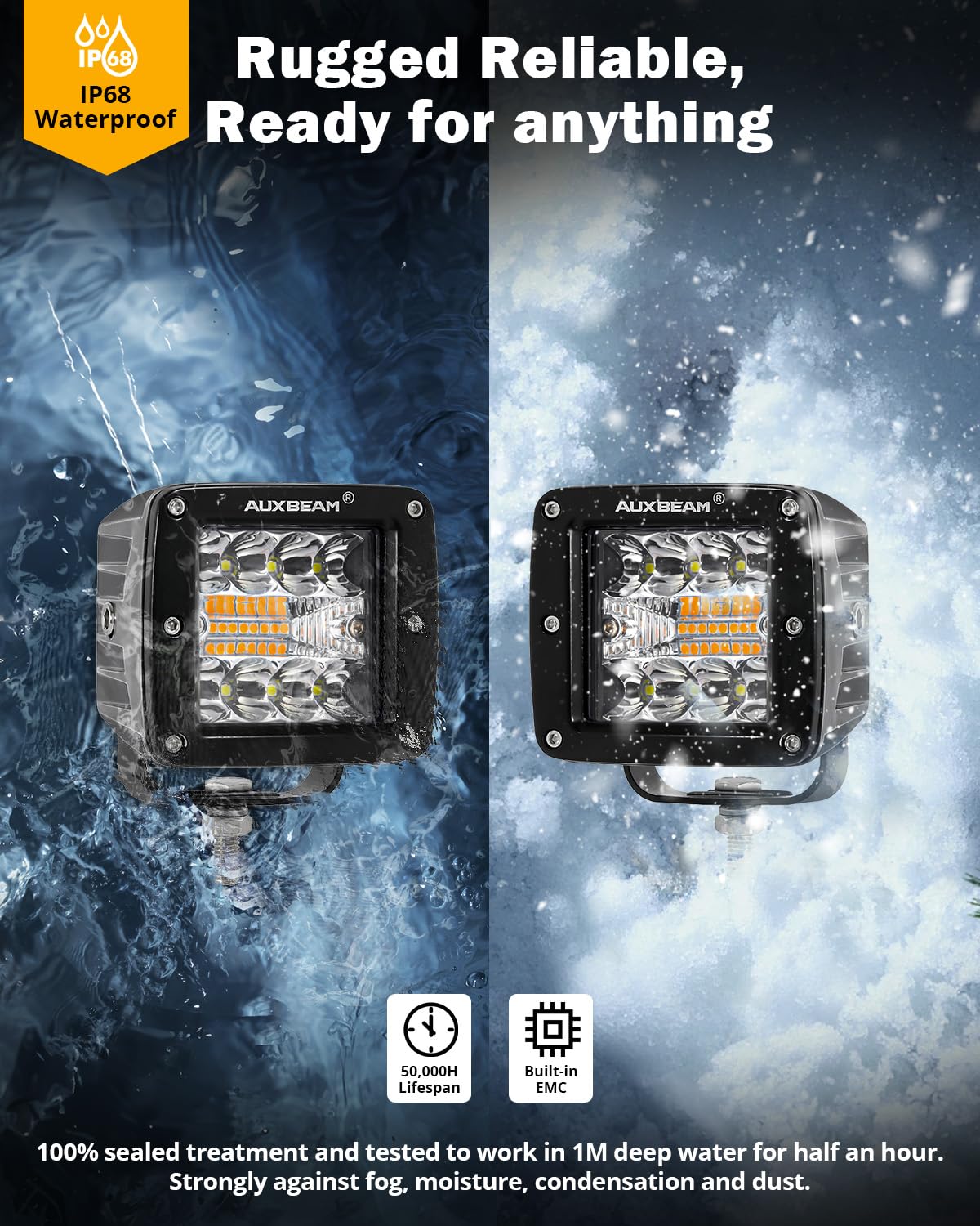 Auxbeam 6 Modes Amber White Series, 3Inch 72W Led Cubes Dual Color Off-Road Strobe Lights, Flood Spot Combo Offroad Fog Ditch Li