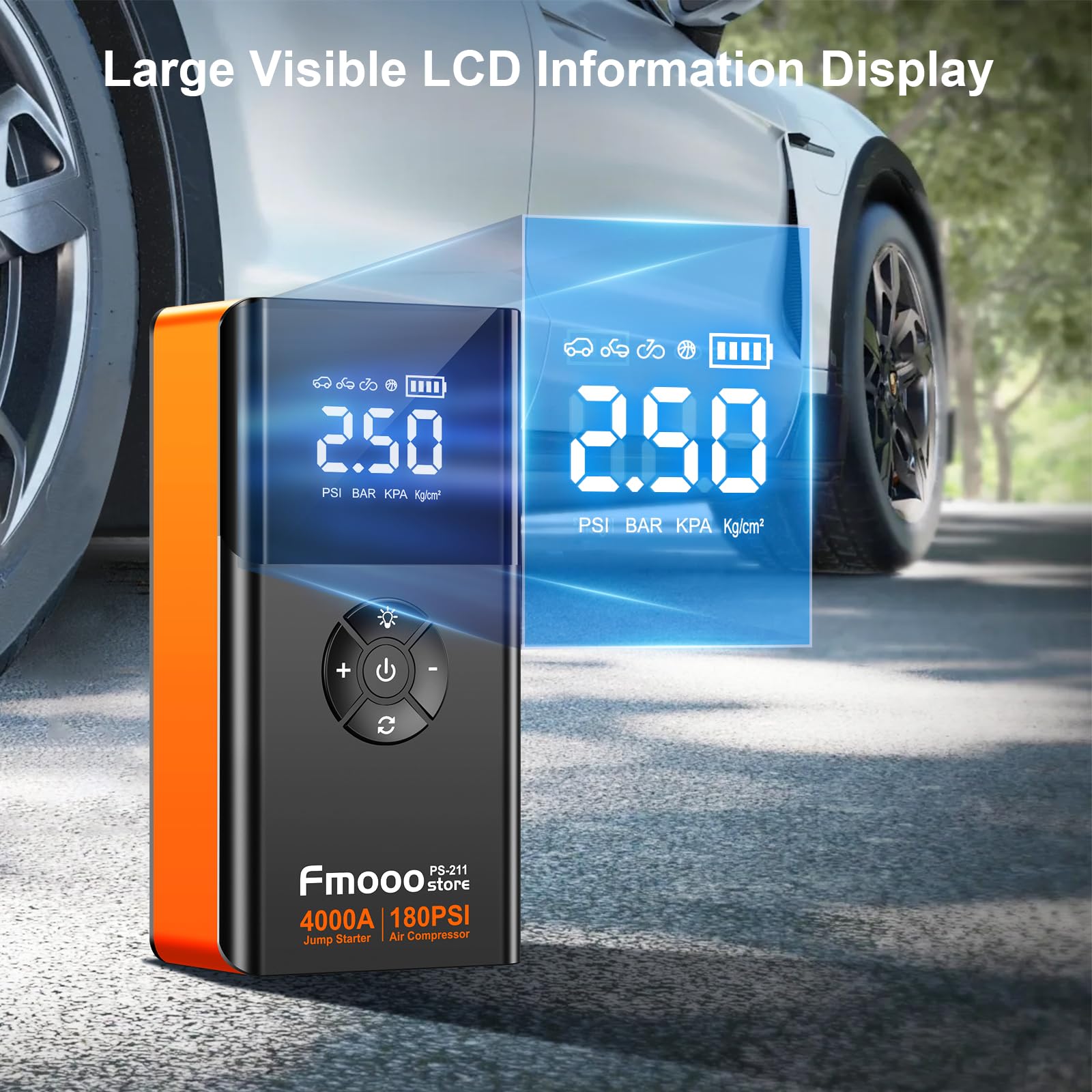 fmooostore Portable Car Jump Starter with Air Compressor 4000A 180PSI - Orange, ABS Plastic, Model PS-211