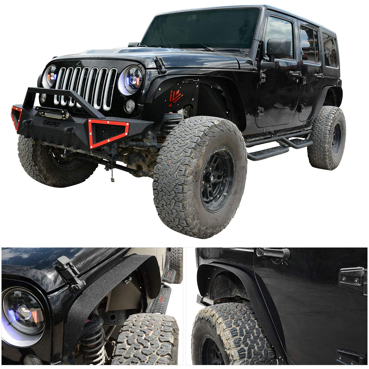 Oedro Flat Front & Rear Fender Flares Compatible With 2007-2018 Jeep Wrangler Jk & Jku Unlimited (2 Door / 4 Door), 4 Pcs Off-Ro