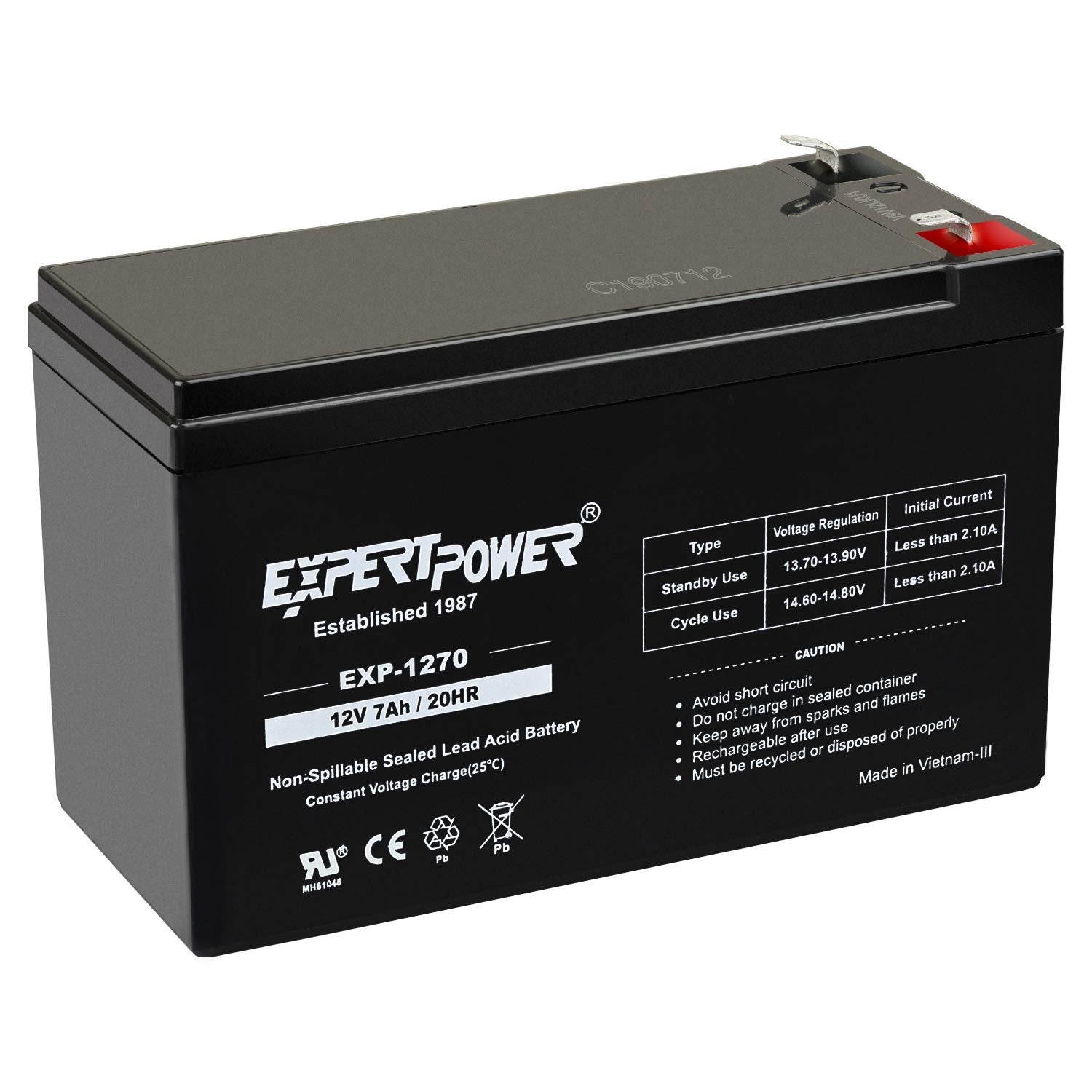 Expertpower Standard 12V 7Ah Rechargeable Sla Battery, (Exp1270-2)