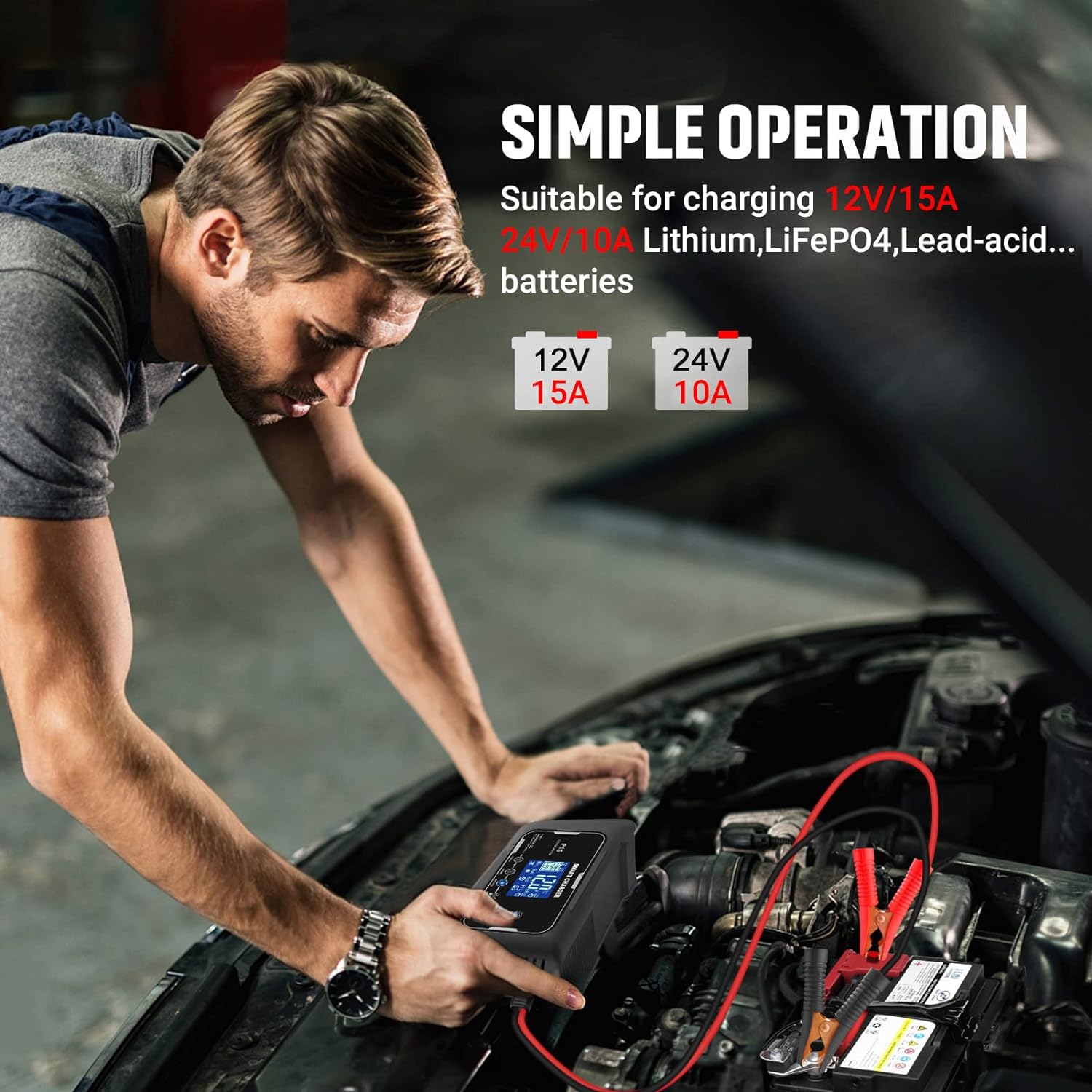 Lifepo4 Charger 15-Amp Fully-Automatic Smart Charger,12V And 24V Battery Charger,12V/15A 24V/10A Lead-Acid(Agm/Gel/Sla)/Lithium