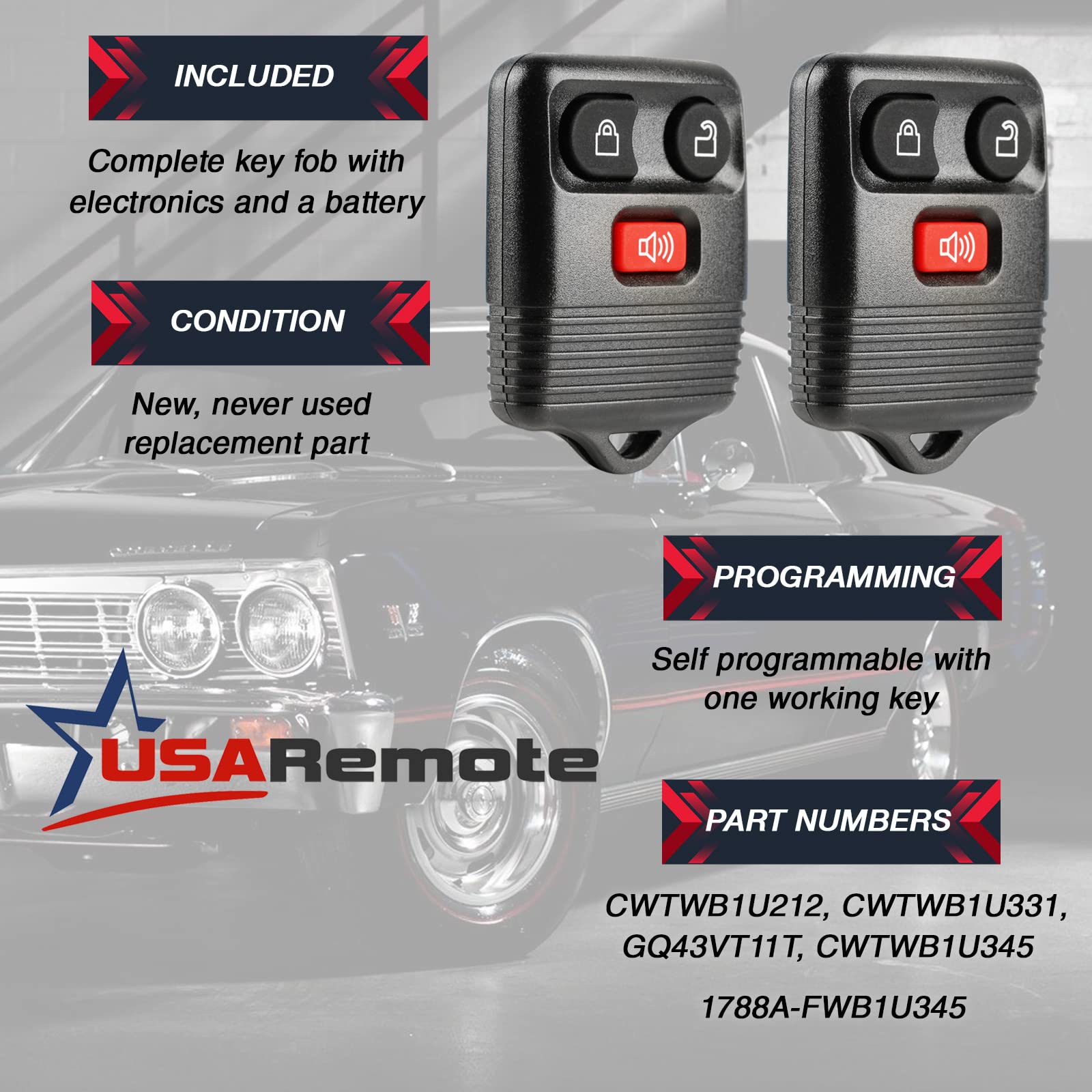 Key Fob Keyless Entry Remote fits Ford, Lincoln, Mercury, Mazda F150 F250 F350 Escape Expedition Explorer Ranger (and More), Set of 2