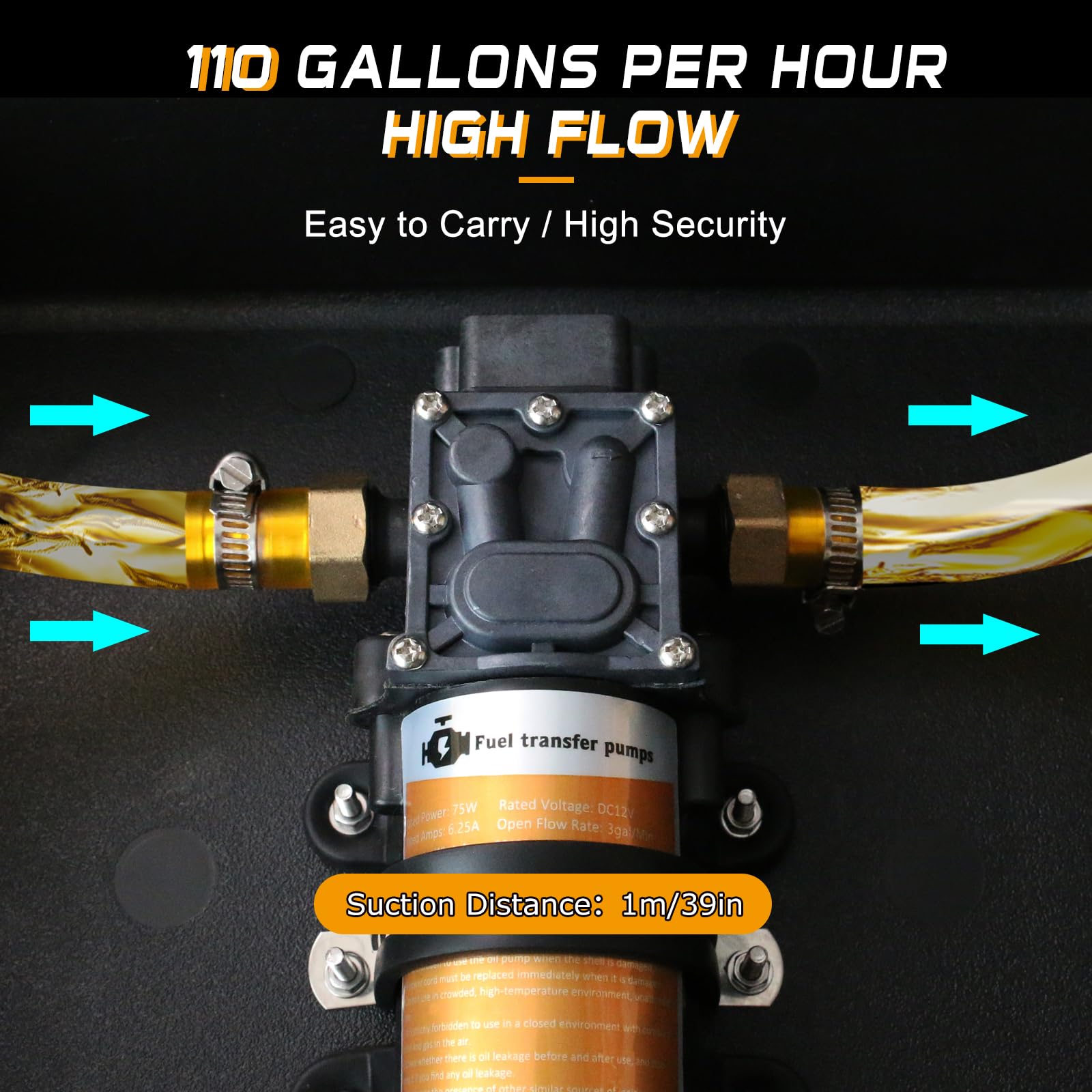 Steauty 12V 75W Fuel Transfer Pump Kit, Moves Up to 110 Gallons Of Gas or Diesel Per Hour, with High Elastic Fuel Pipe & 2 Power