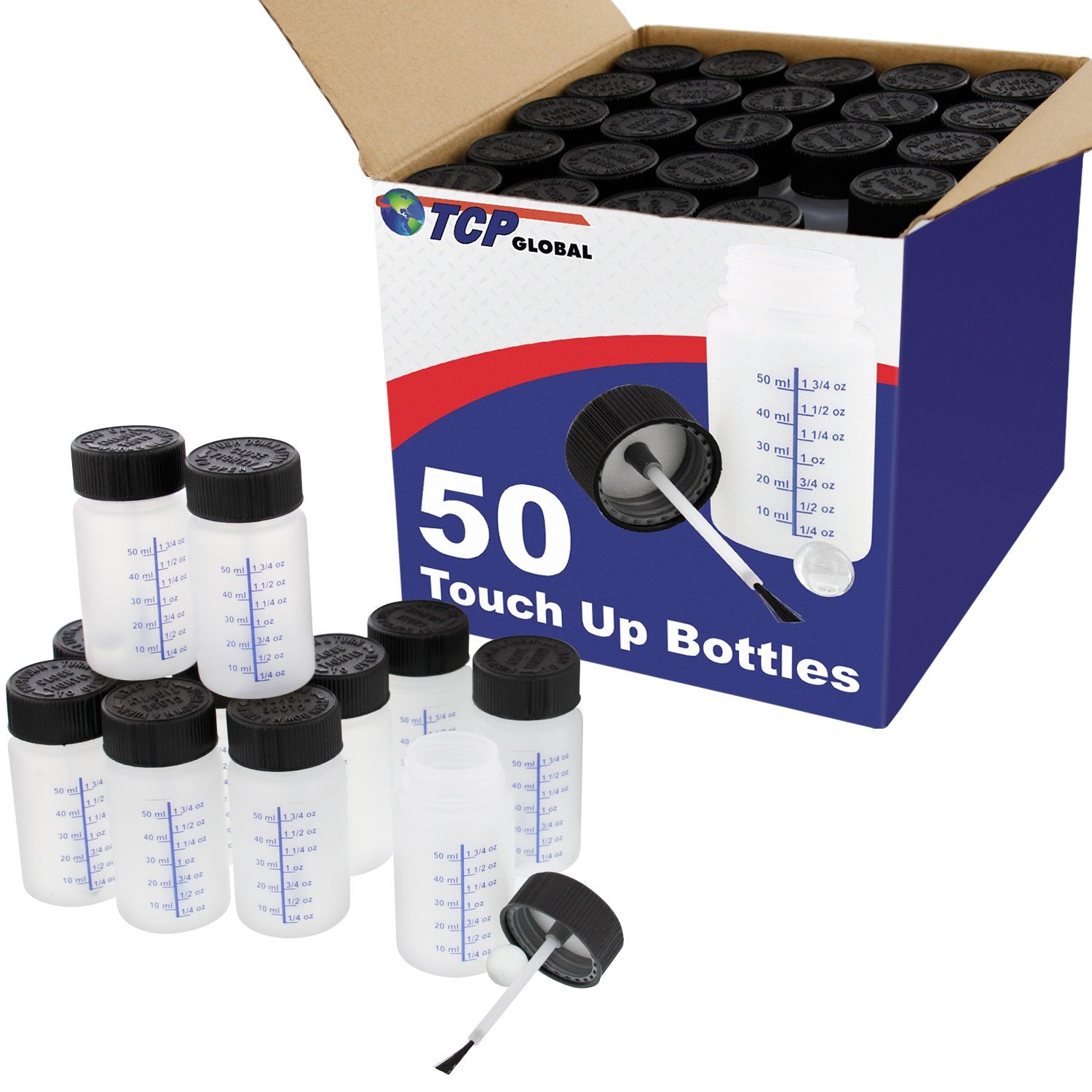 Tcp Global Paint Touch Up Bottles With Child Safety Lids (Box Of 50) - 2 Ounce (60Ml) Fluid Capacity, Mixing Ball, Touch-Up Applicator Brush - Fix Paint Chips, Scratches, Stone Chips, Auto Car Damage