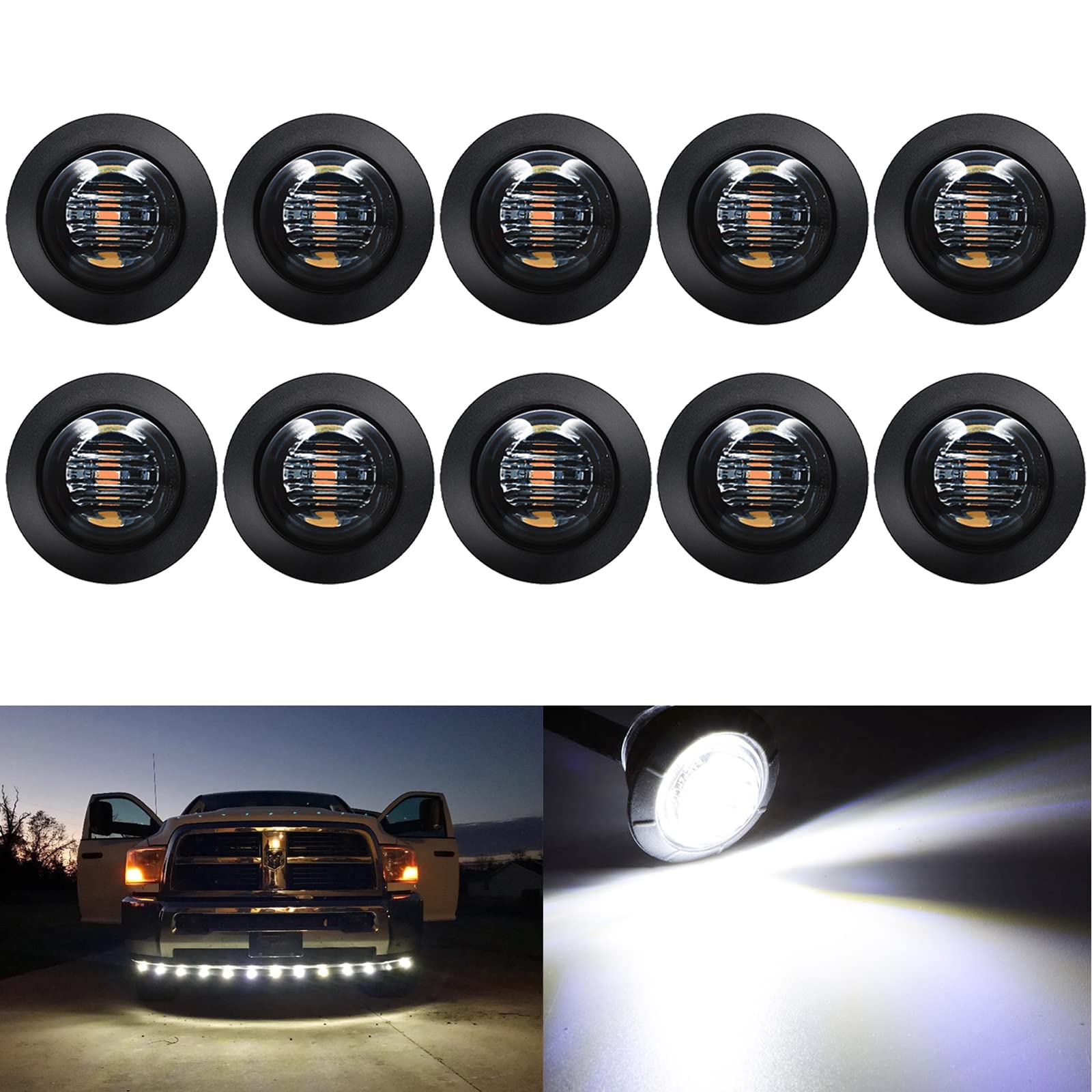 Keing 10 Pack Sealed Waterproof Mini Round 3/4 Inch White Led Marker Lights Signal Light 12V For Trailer Truck Bus Pickup Van At