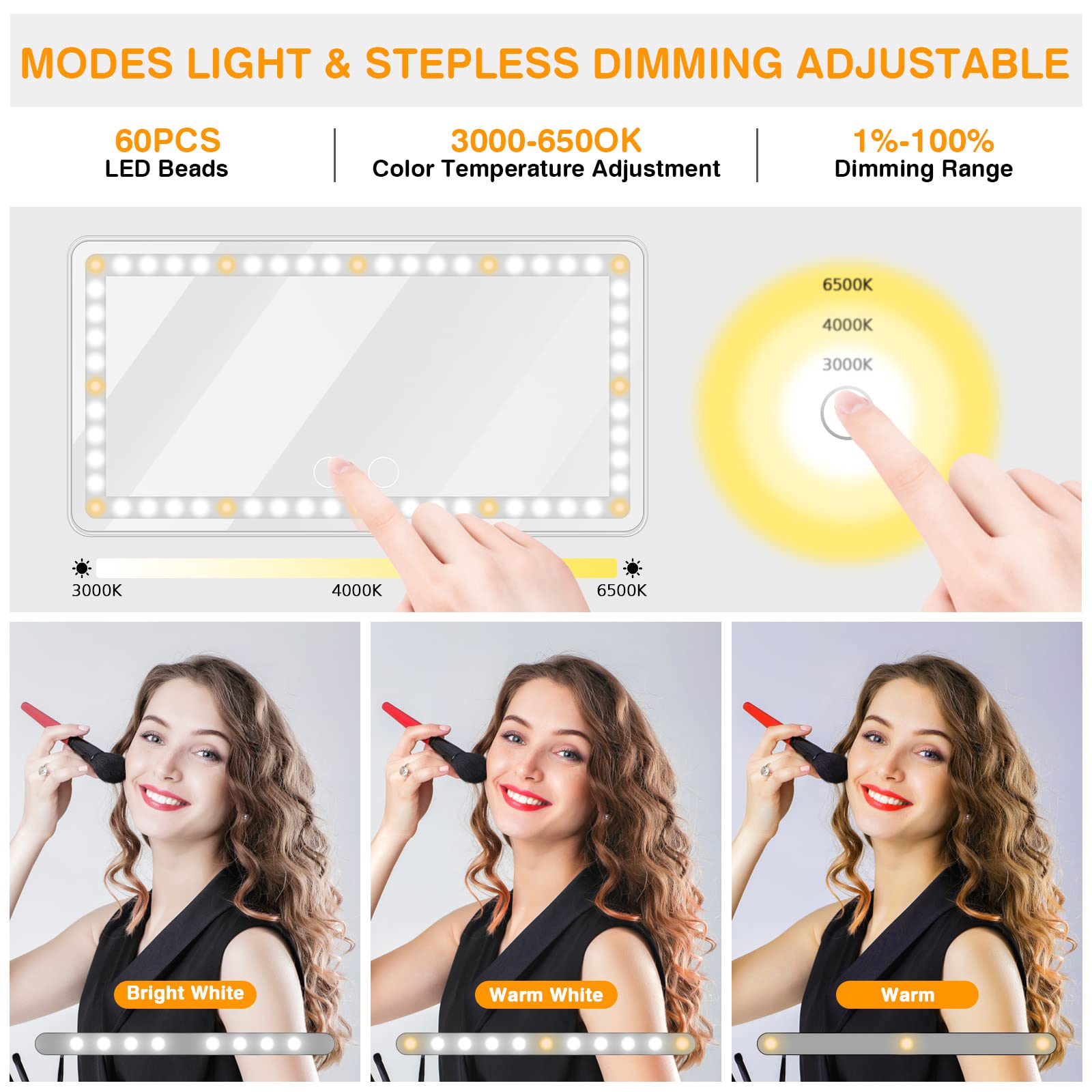 Car Vanity Mirror, Rechargeable Makeup Car Visor Mirror, 60 Leds & 3 Light Modes, Visor Vanity Mirror With Touch On Screen, Shading Cosmetic Mirror, Universal Vanity Mirror For Car Truck Suv(White)