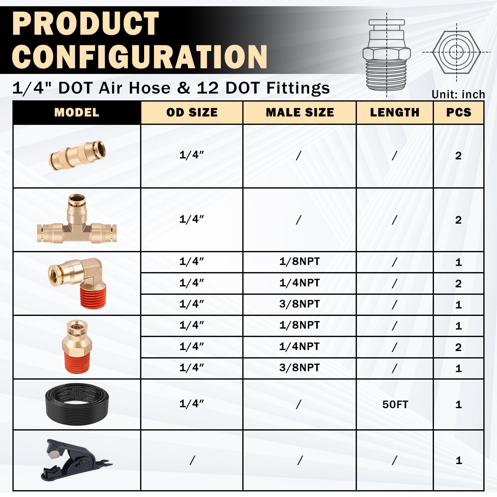 Cheemuii 12 Pcs 1/4 Brass Dot Air Fittings With 50 Ft 1/4'' Dot Air Line Kit 15 Meter Pneumatic Tubing With Dot Air Fittings For