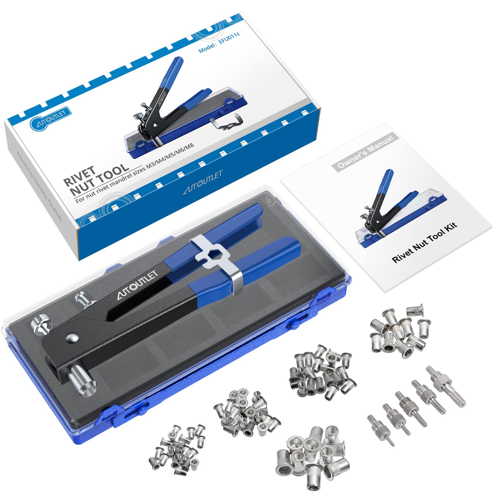 Autoutlet Professional Rivet Gun Pop Rivet Gun Kit With 86Pcs M3/M4/M5/M6/M8 Threaded Rivet Nut And Rivets Wrench For Furniture,