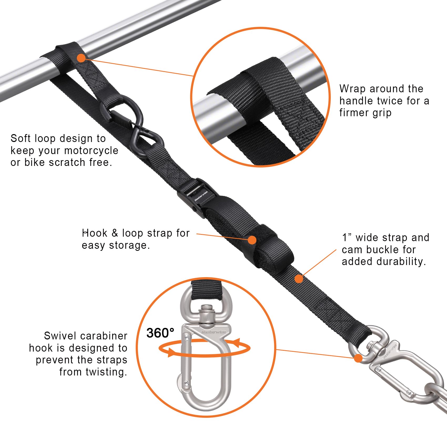 Masterwise Tie Down Straps,1'' x 8 Tie Downs with Swivel Carabiner Hooks, Motorcycle Handlebar Straps for Dirt Bike, Kayak, Car,