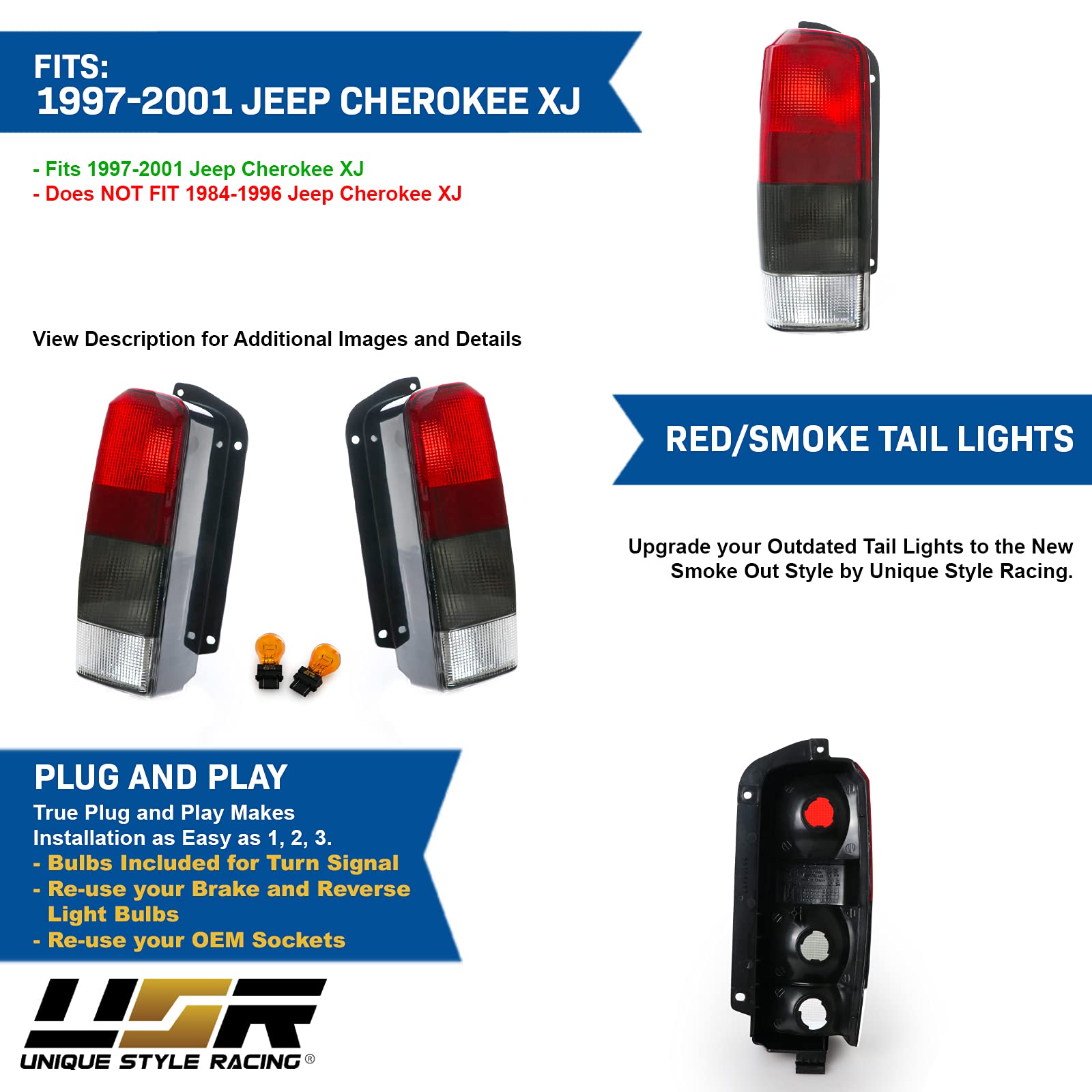 Usr Depo 97-01 Xj Tail Lights - Red/Smoke Lens Rear Tail Lamps Set (Left + Right) Compatible With 1997-2001 Cherokee Xj Chassis