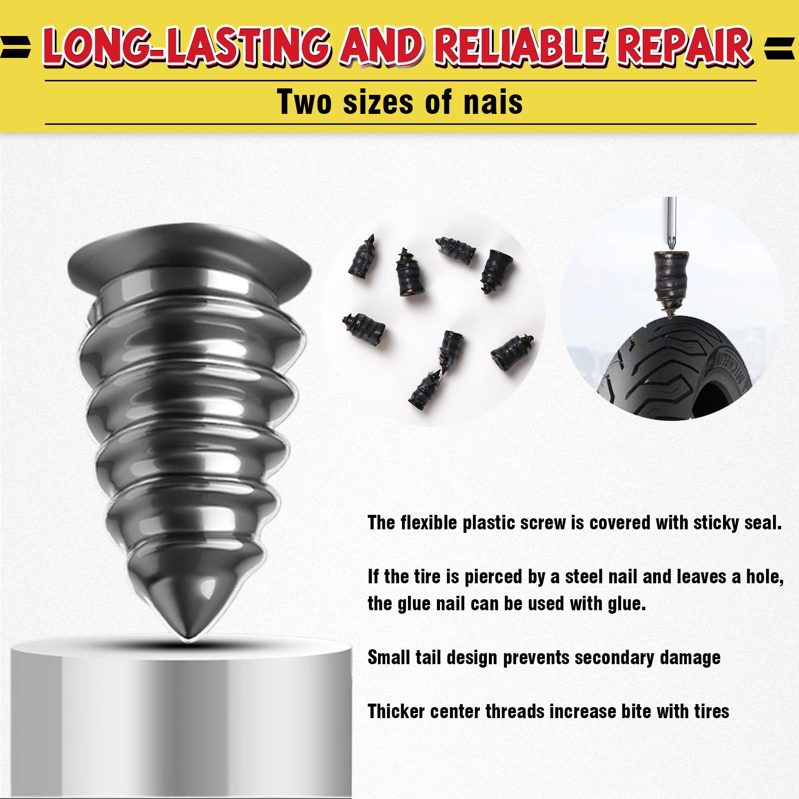 Bellisinno Black Tire Repair Glue Kit, Rubber Cement for Sidewall Fixes, Includes Two Sizes of Repair Nails, Suitable for Motorc