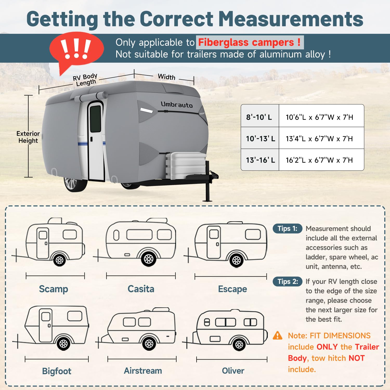 Umbrauto Fiberglass Travel Trailer Cover Fits 8'-10' Trailers, 2023 Upgraded 7 Layers Top Camper Rv Cover With Windproof Strap,A