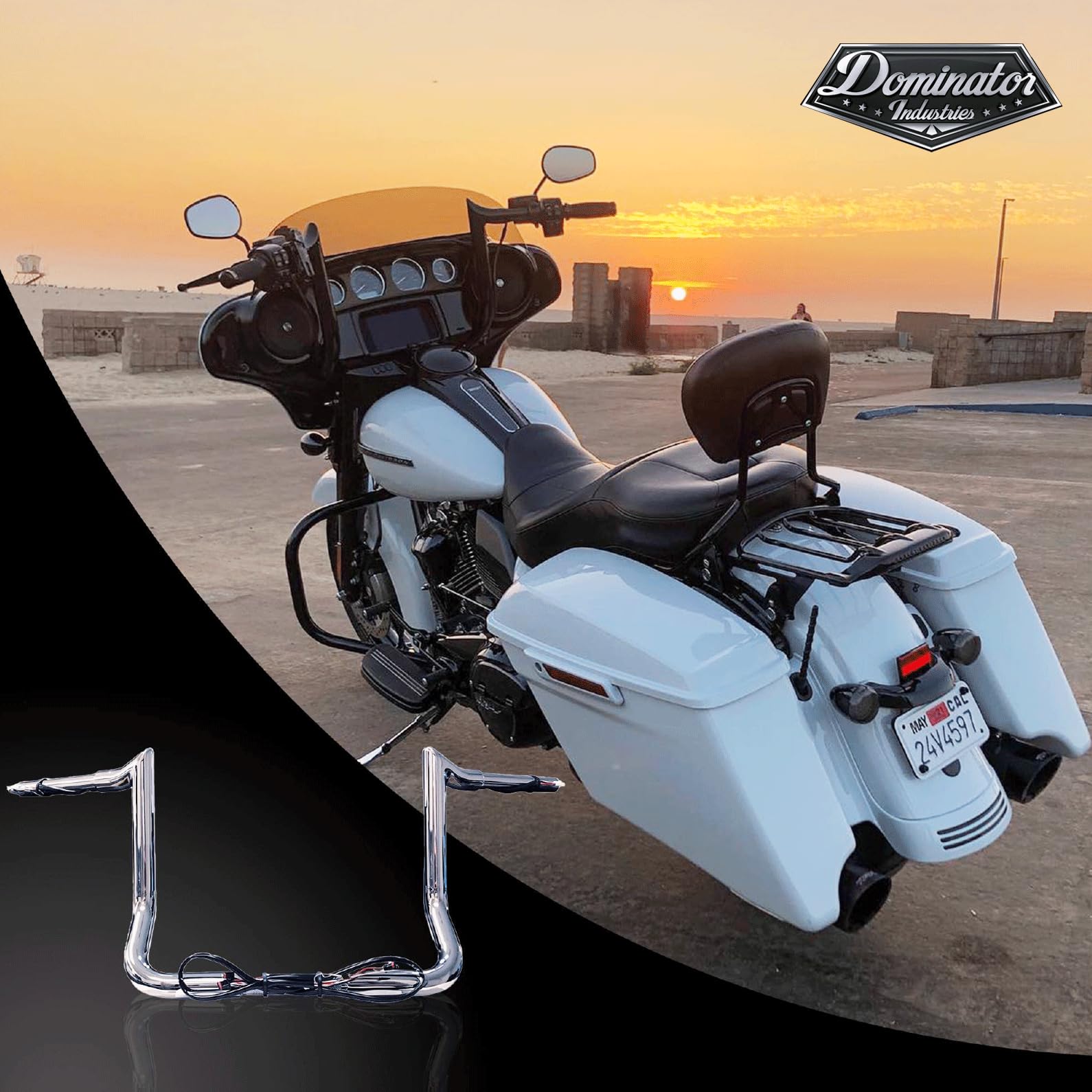Dominator Industries 1 1/4' Pre-Wired 12' Meathook Bar Ape Hanger Handlebar Compatible With 2014-2023 Harley-Davidson Bagger Touring Electra, Street Glide, Special, Ultra Limited, Low (Chrome)