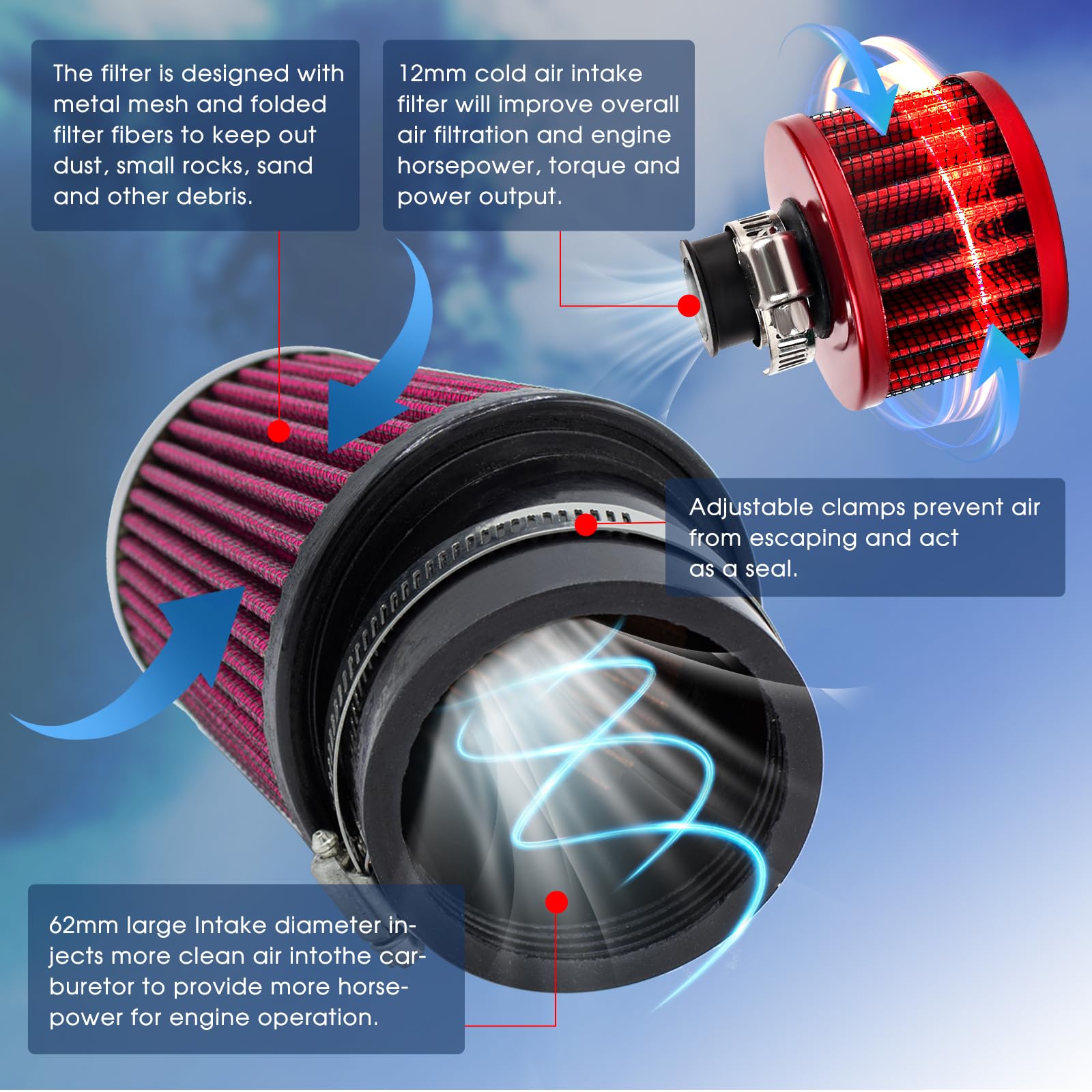 Mini Bike Upgraded Air Filter Kit For Predator 212Cc Coleman Ct200U Ct200U-Ex Bt200X Kt196 196Cc Baja Warrior Mb165 Mb200 Mini Bike Go Kart 224Cc 420Cc Hond Gx160 Gx200 Gx390 Engine Performance Parts