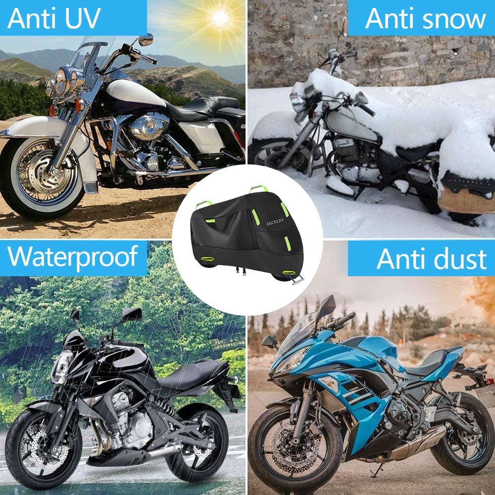 Motorcycle Cover Waterproof Outdoor All Weather 300D Oxford Fabric 2 Windproof Buckles 7 Reflective Stripes Waterproof Inner Tape Funda Para Moto Protect From Sun Rain Dust Snow (Xl: 86' * 37' * 50')