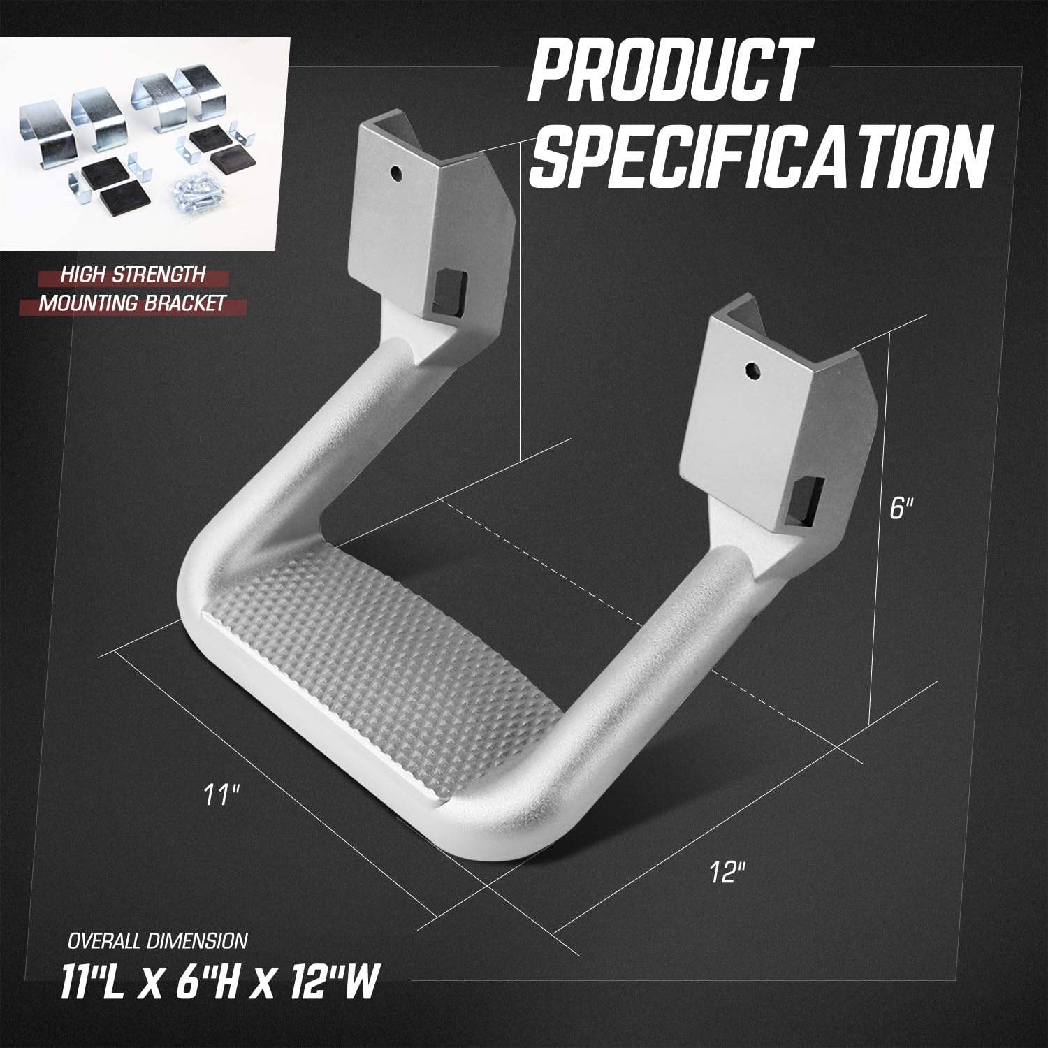 DNA MOTORING Aluminum Side Hoop Steps for Chevy GMC Dodge Pickup Trucks, 11"L x 6"H x 12"W, 2 Pcs, Silver, Model SSTEP-SS