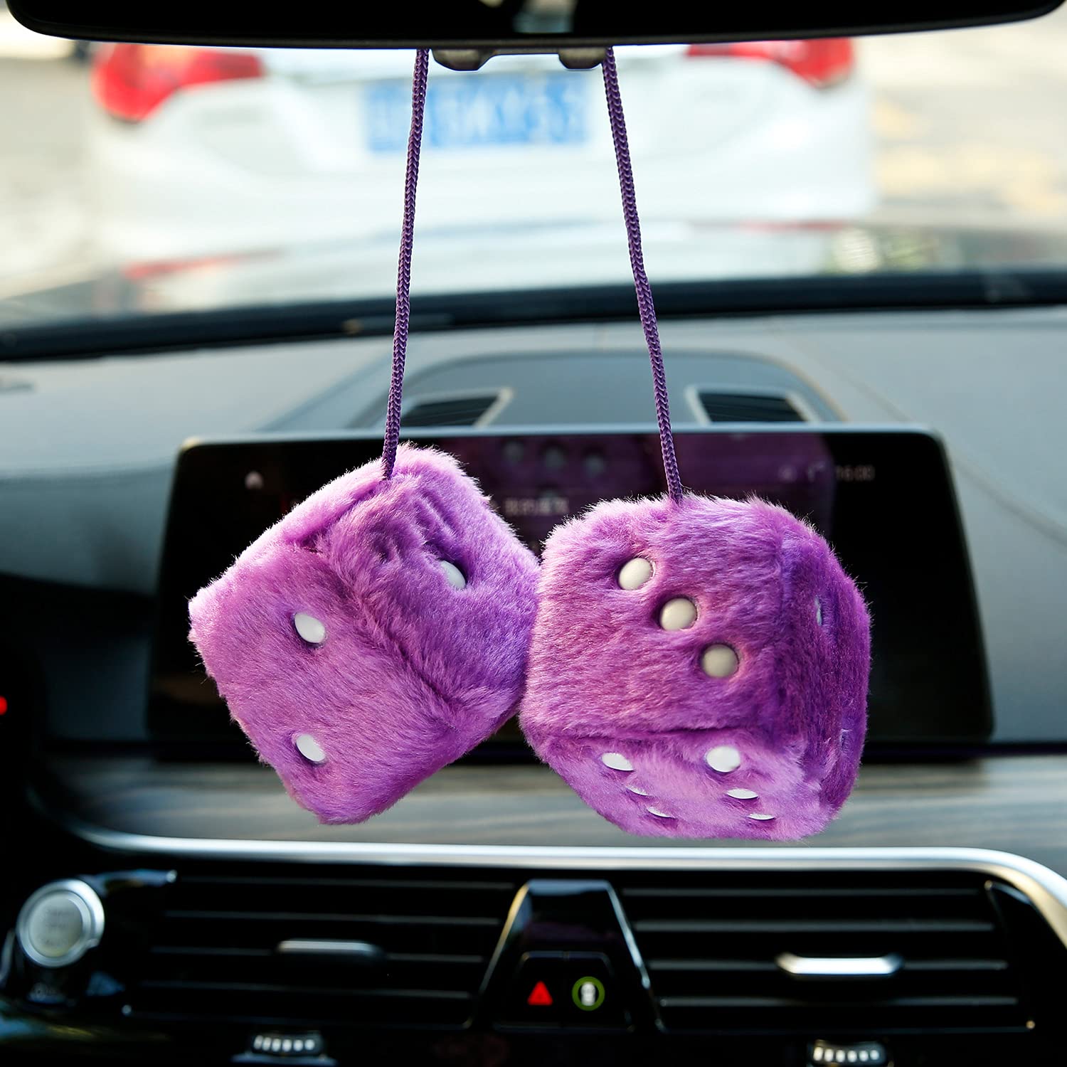 Ygmoner Pair Of Retro Square Mirror Hanging Couple Fuzzy Plush Dice With Dots For Car Decoration (Purple)