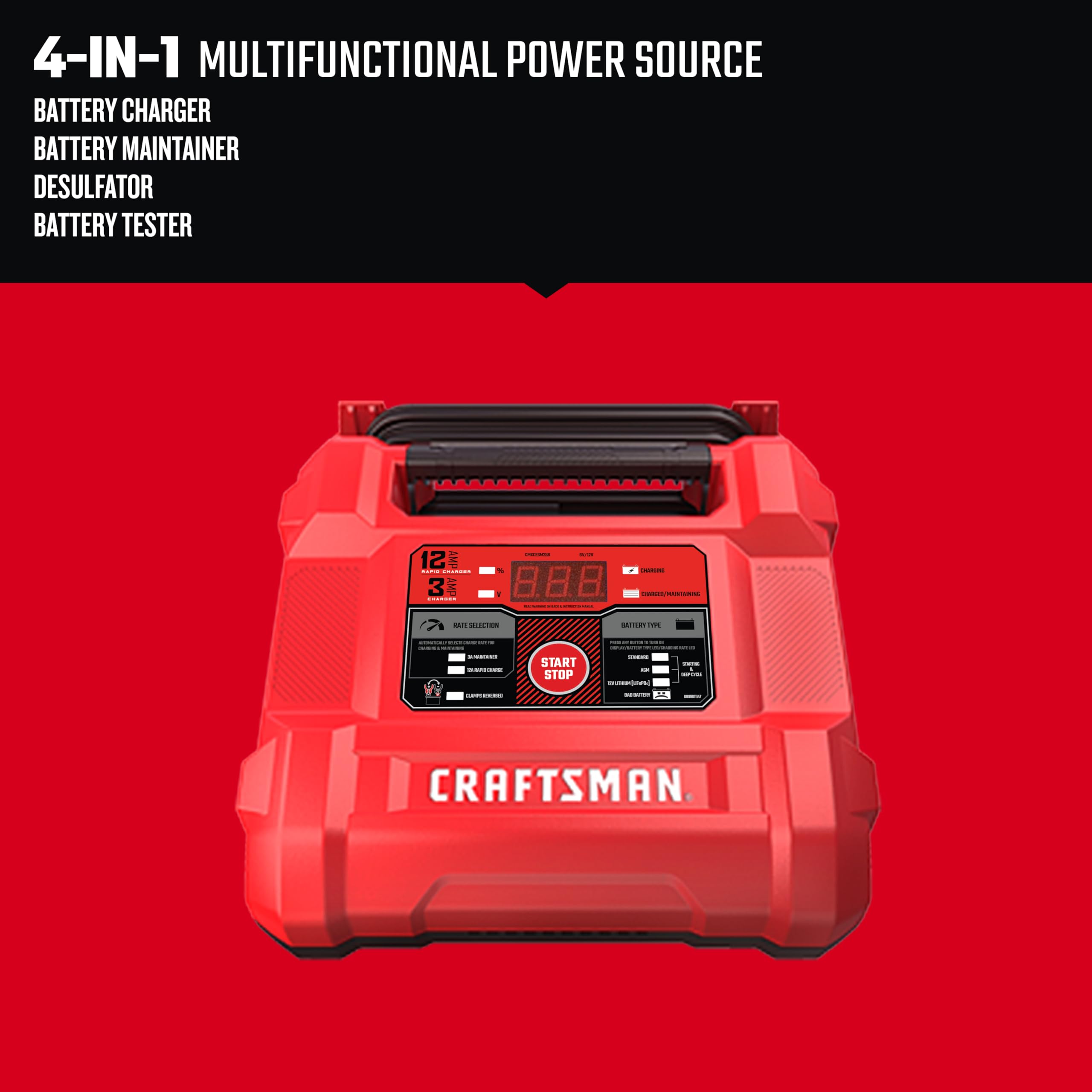 CRAFTSMAN Battery Charger and Maintainer, CMXCESM258, 4-in-1, Fully Automatic, Battery Tester, 12 Amps, 6 Volt, 12 Volt, for Car